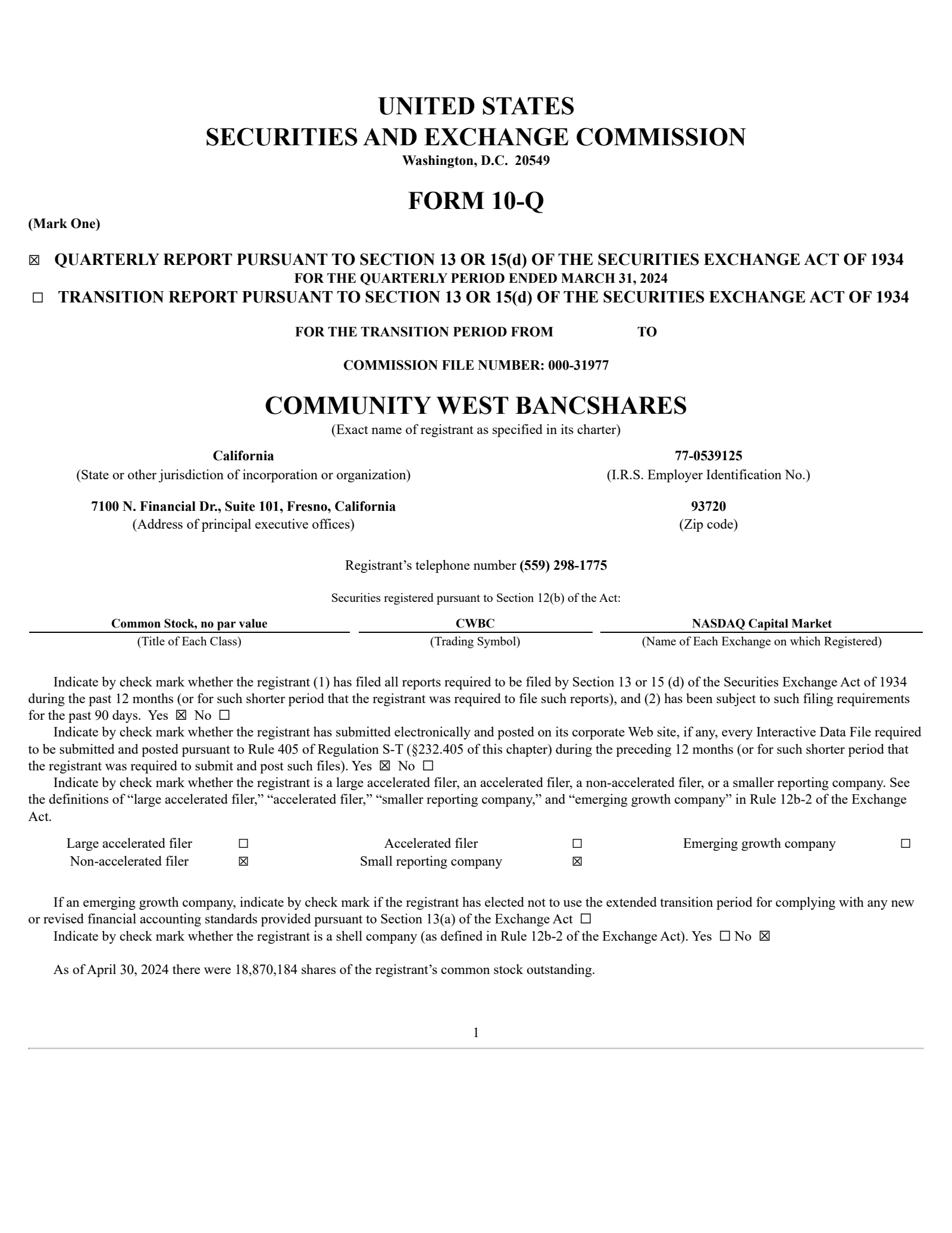Community West Bancshares' Q1 2024 Quarterly Report