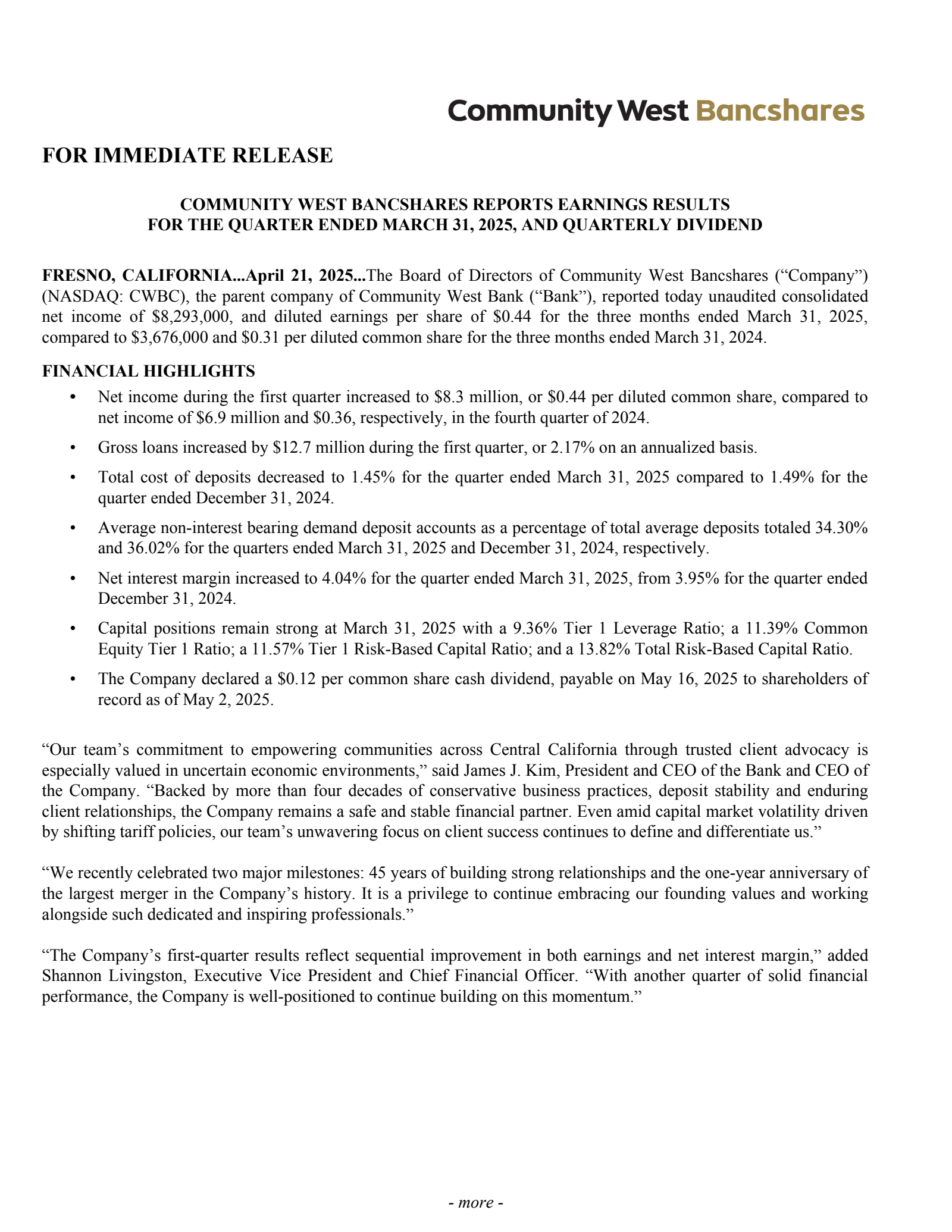 Community West Bancshares' Q1 2025 Press Release