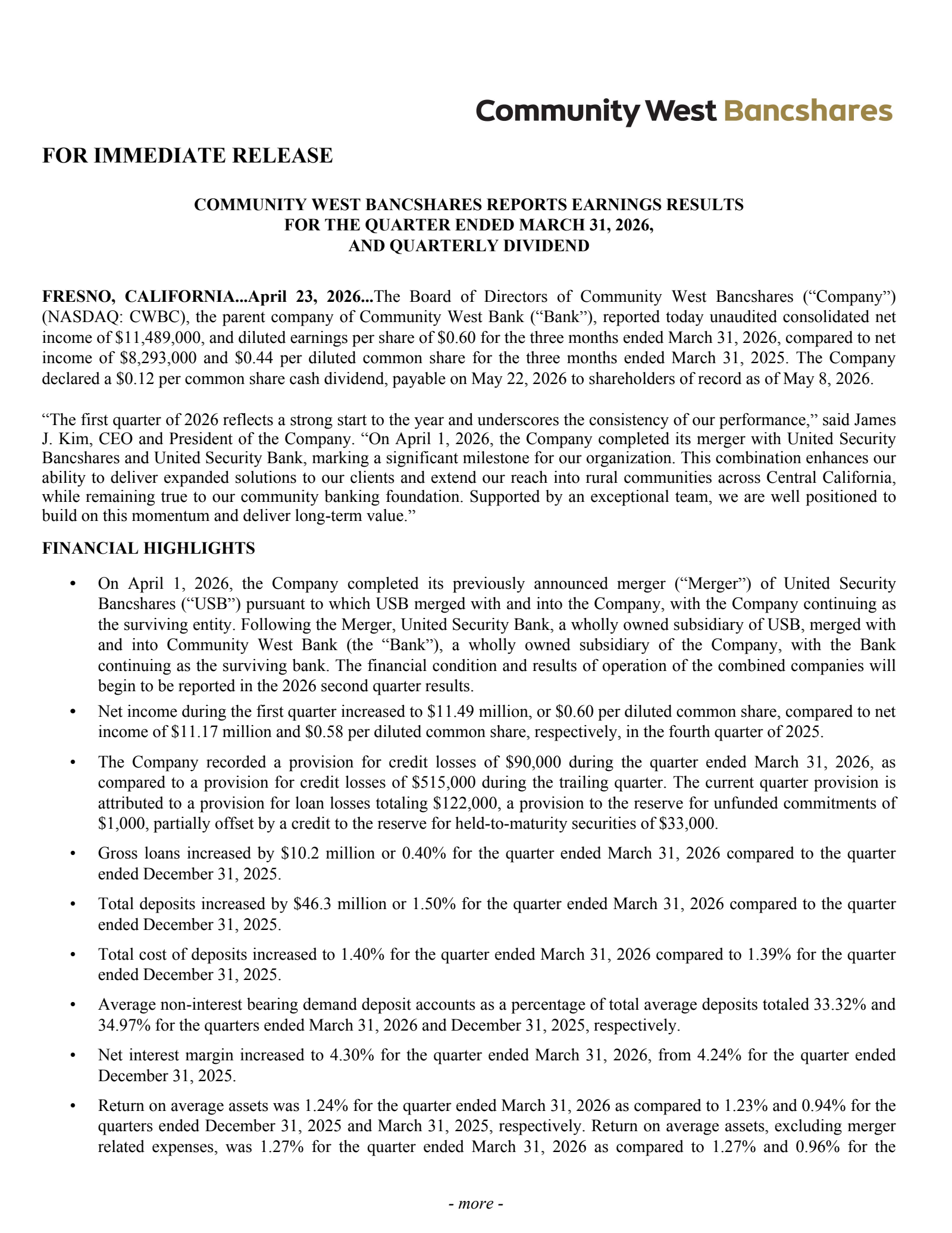 Community West Bancshares' Q1 2026 Press Release