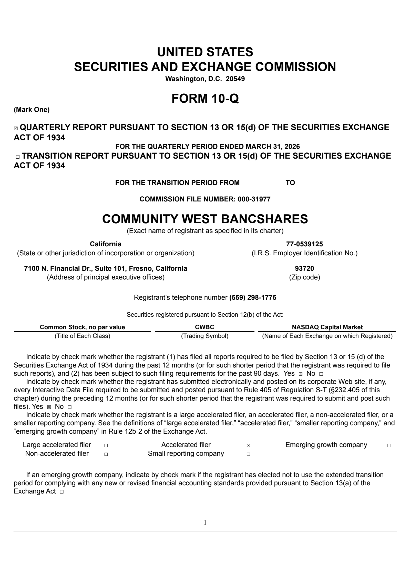 Community West Bancshares' Q1 2026 Quarterly report
