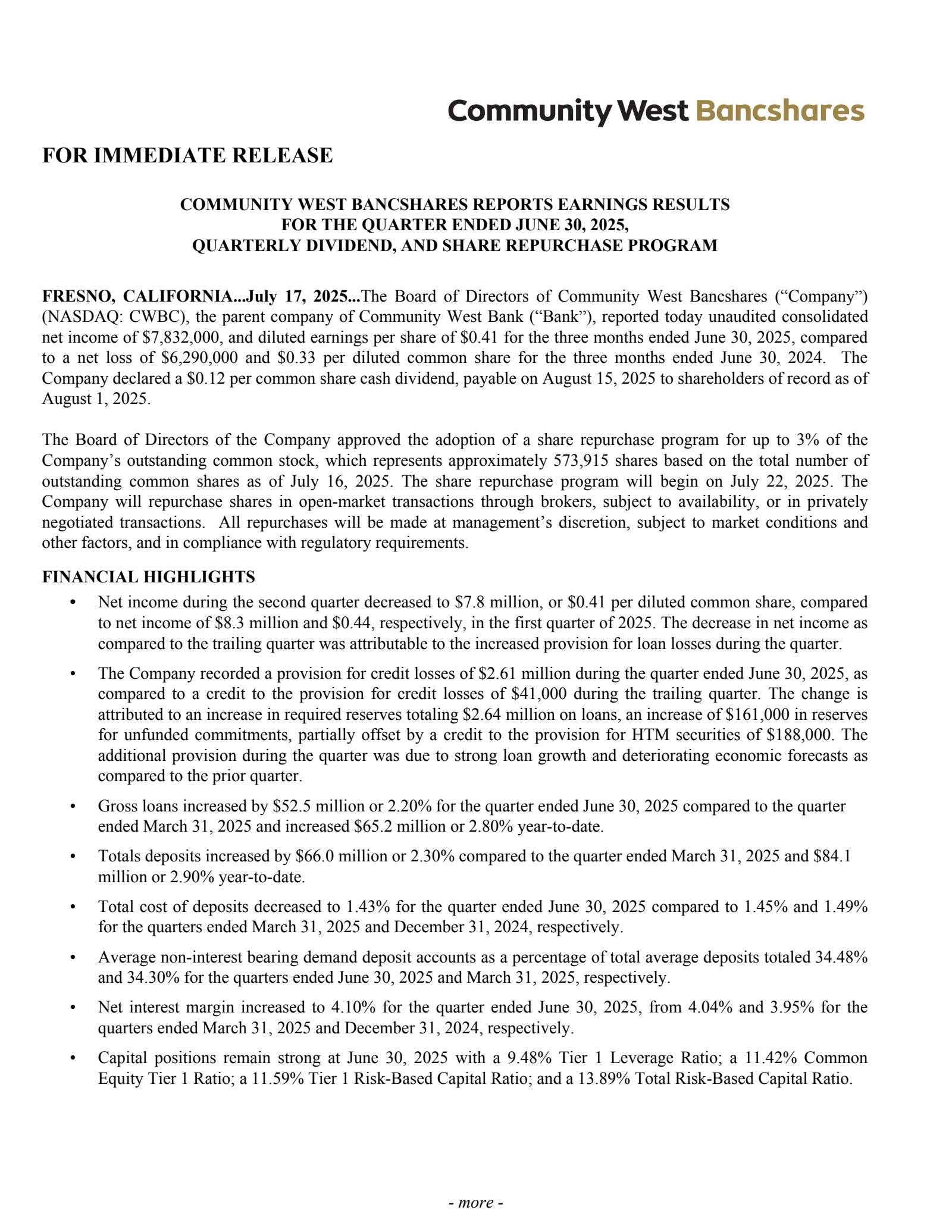 Community West Bancshares' Q2 2025 Press Release