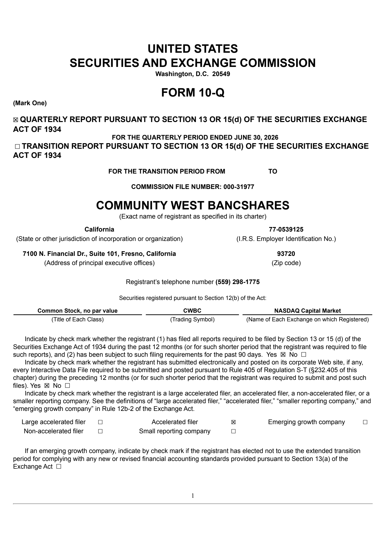 Community West Bancshares' Q2 2026 Quarterly report