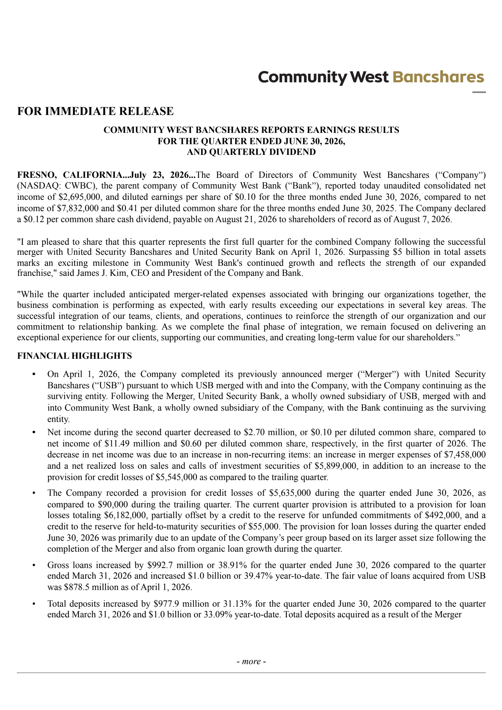 Community West Bancshares' Q2 2026 Press Release