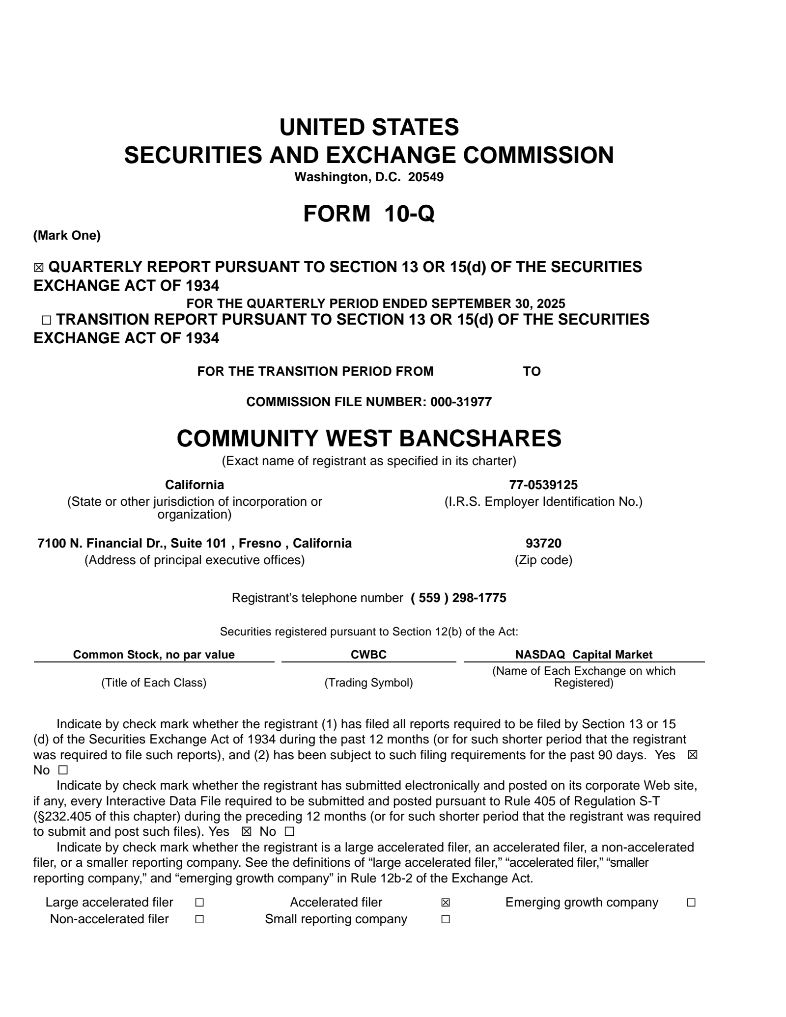 Community West Bancshares' Q3 2025 Quarterly report