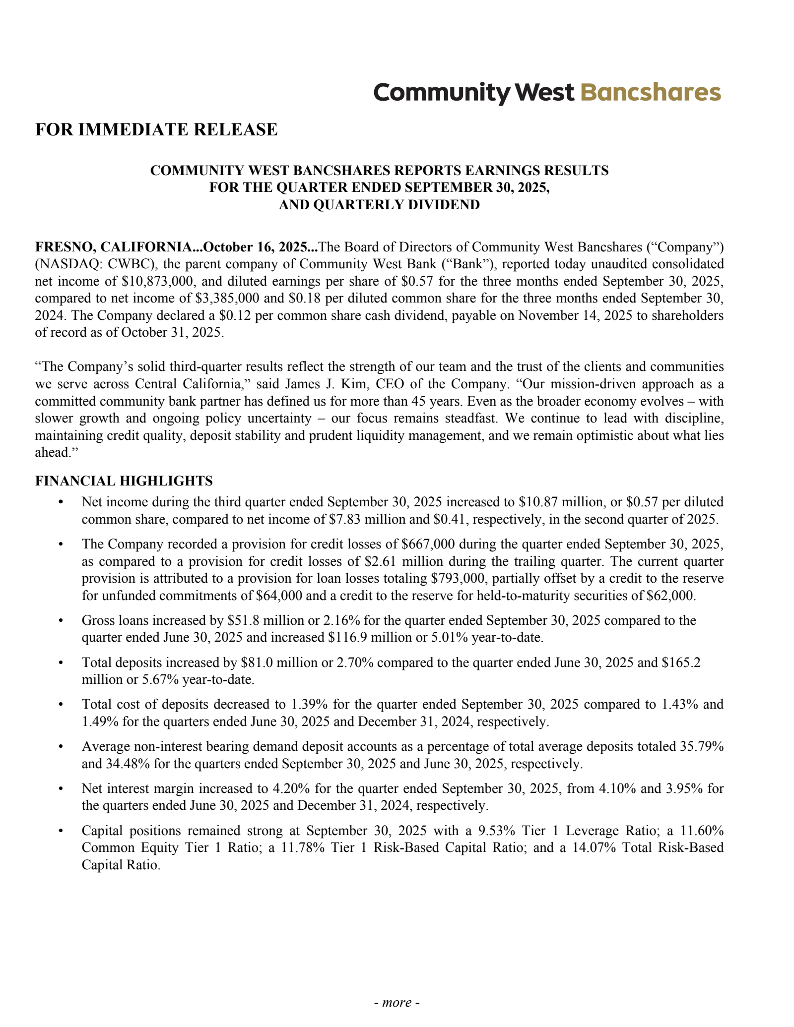 Community West Bancshares' Q3 2025 Press Release