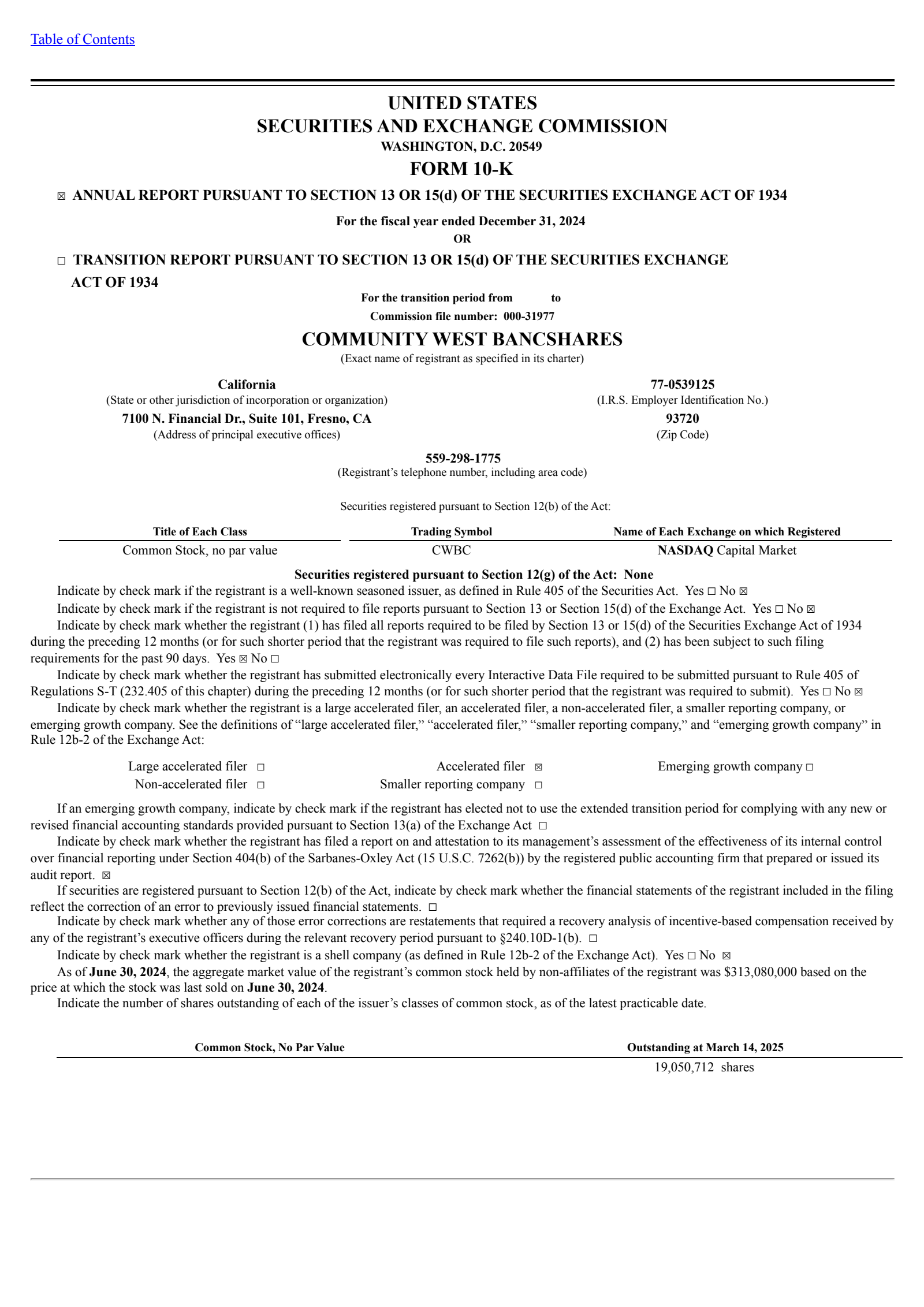 Community West Bancshares' Q4 2024 Annual report