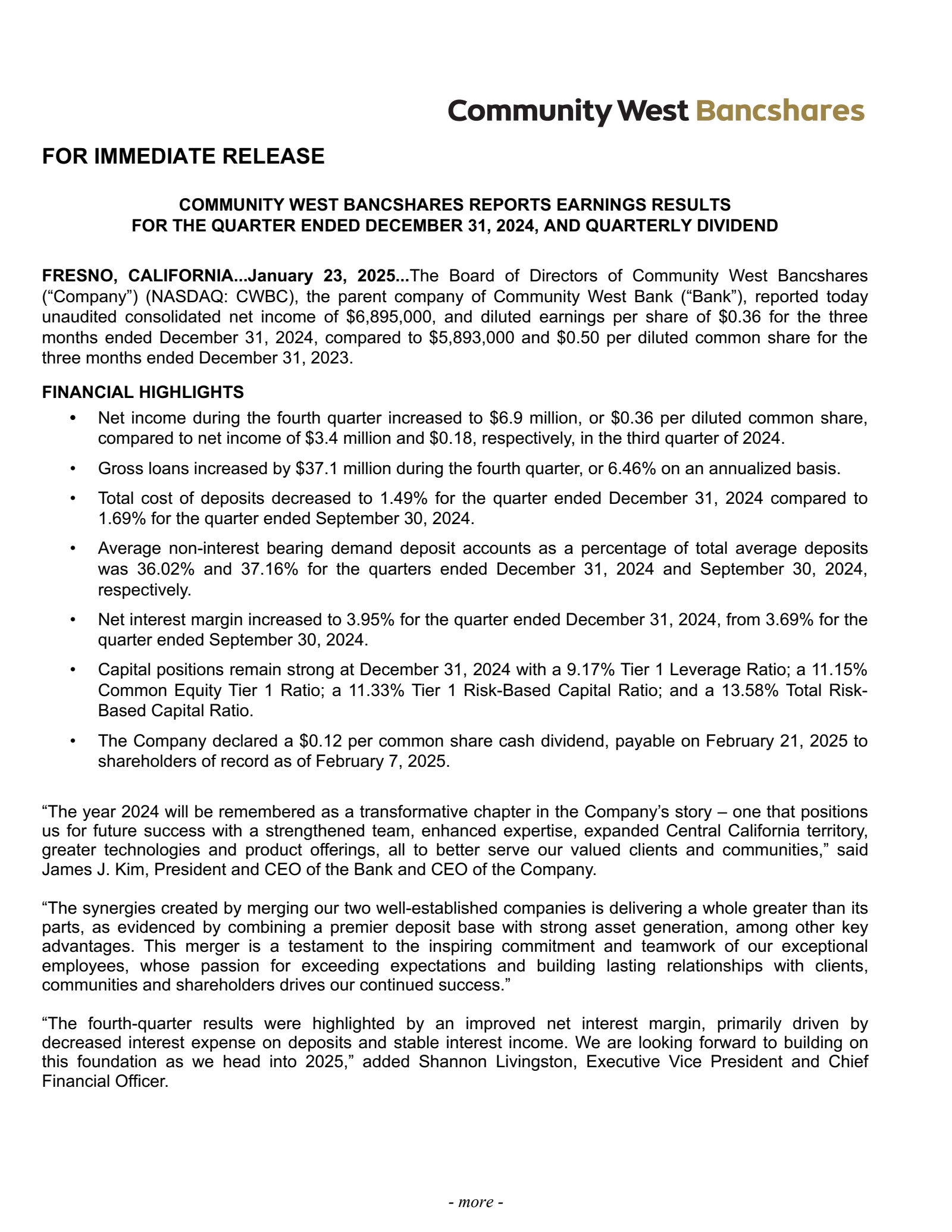 Community West Bancshares' Q4 2024 Press Release