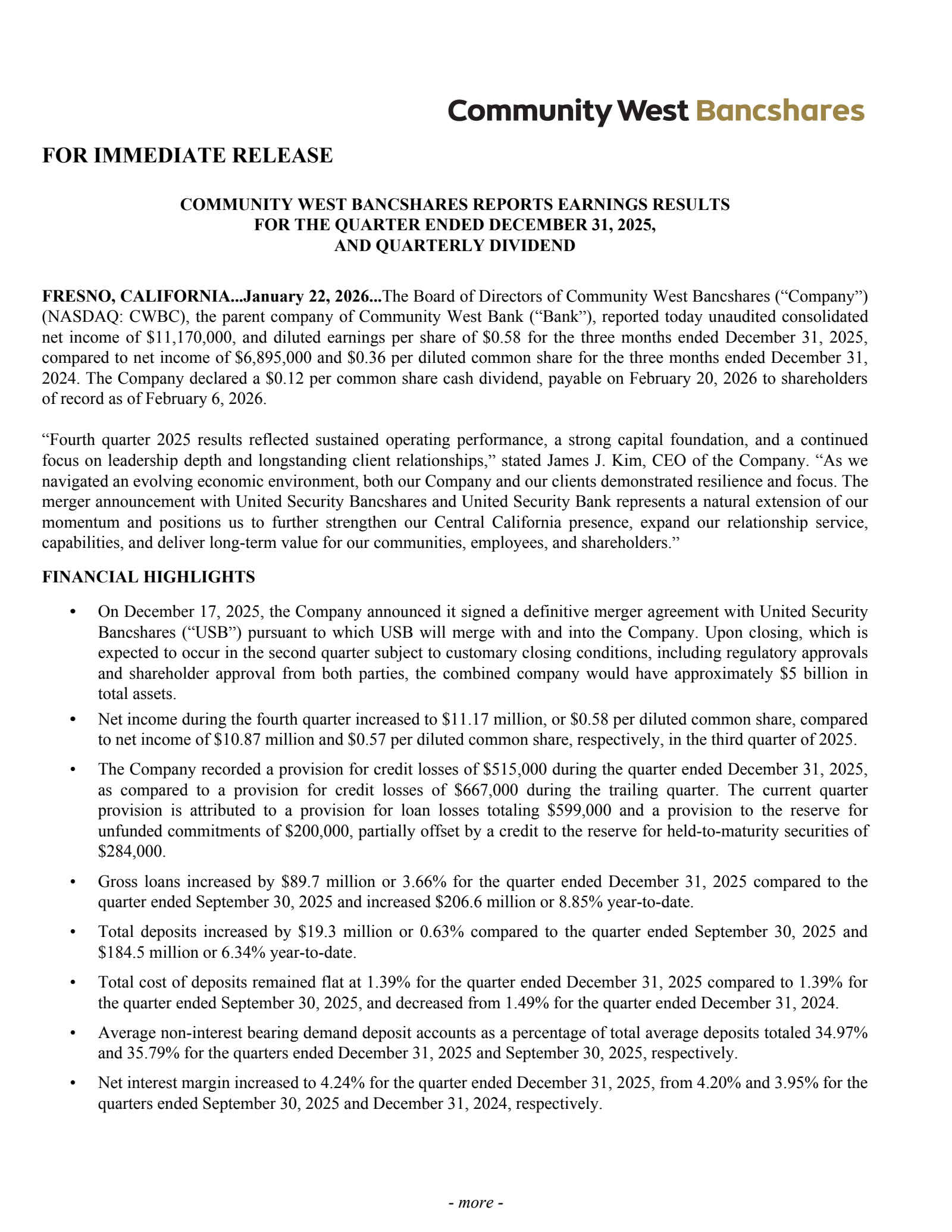 Community West Bancshares' Q4 2025 Press Release