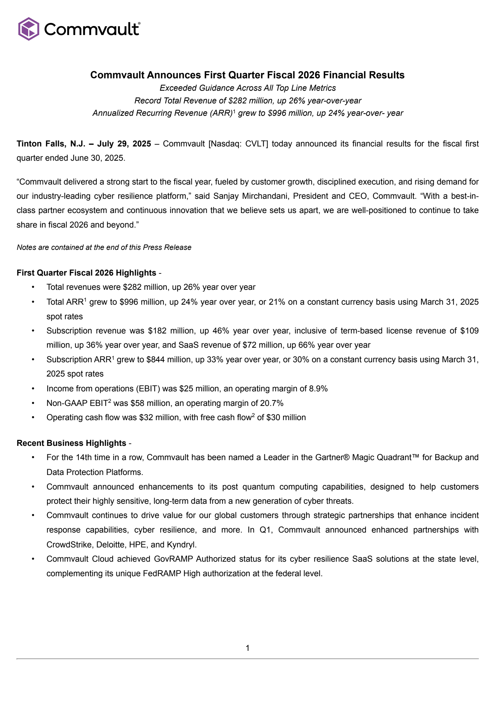 CommVault Systems' Q1 2026 Press Release