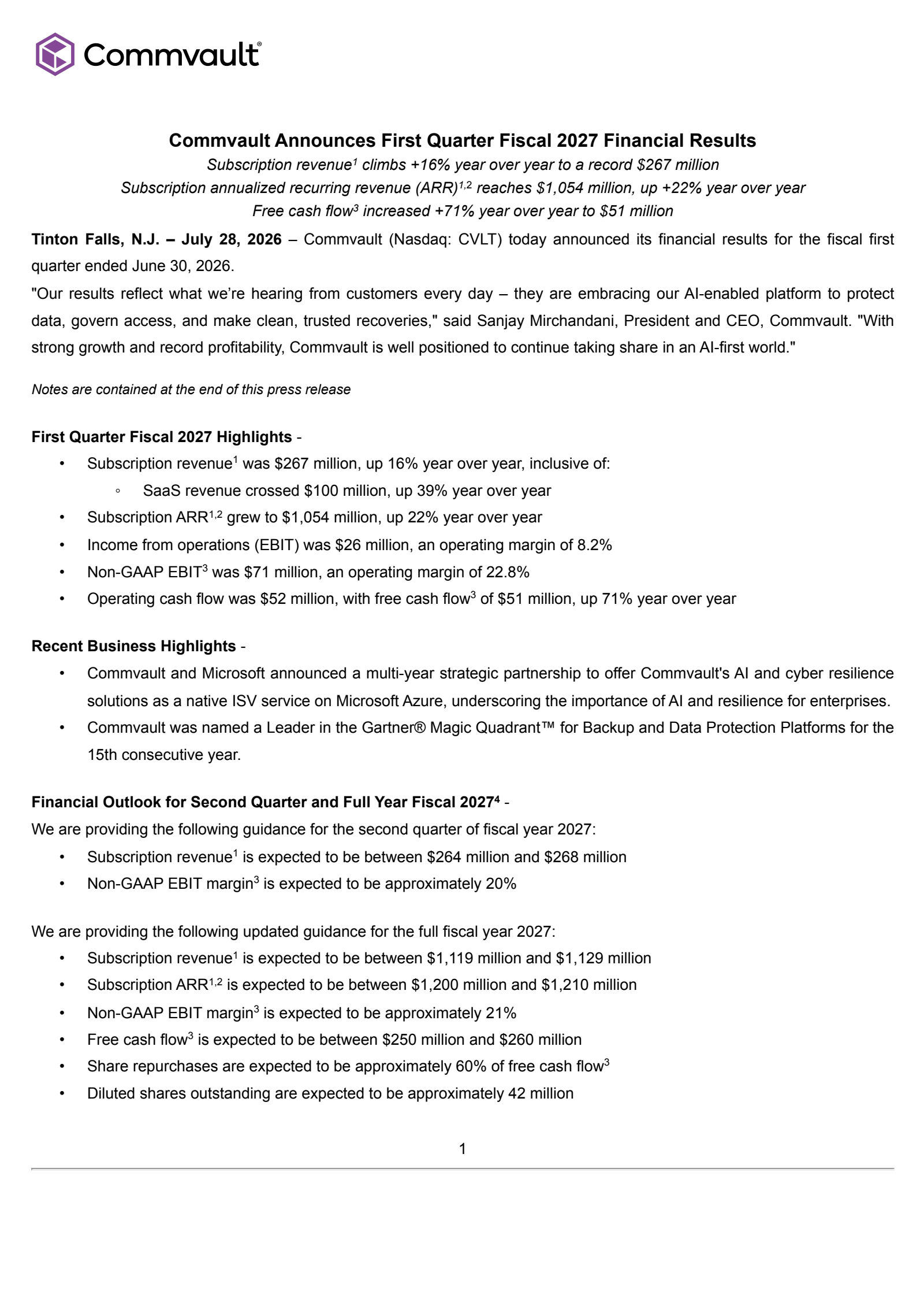 CommVault Systems' Q1 2027 Press Release