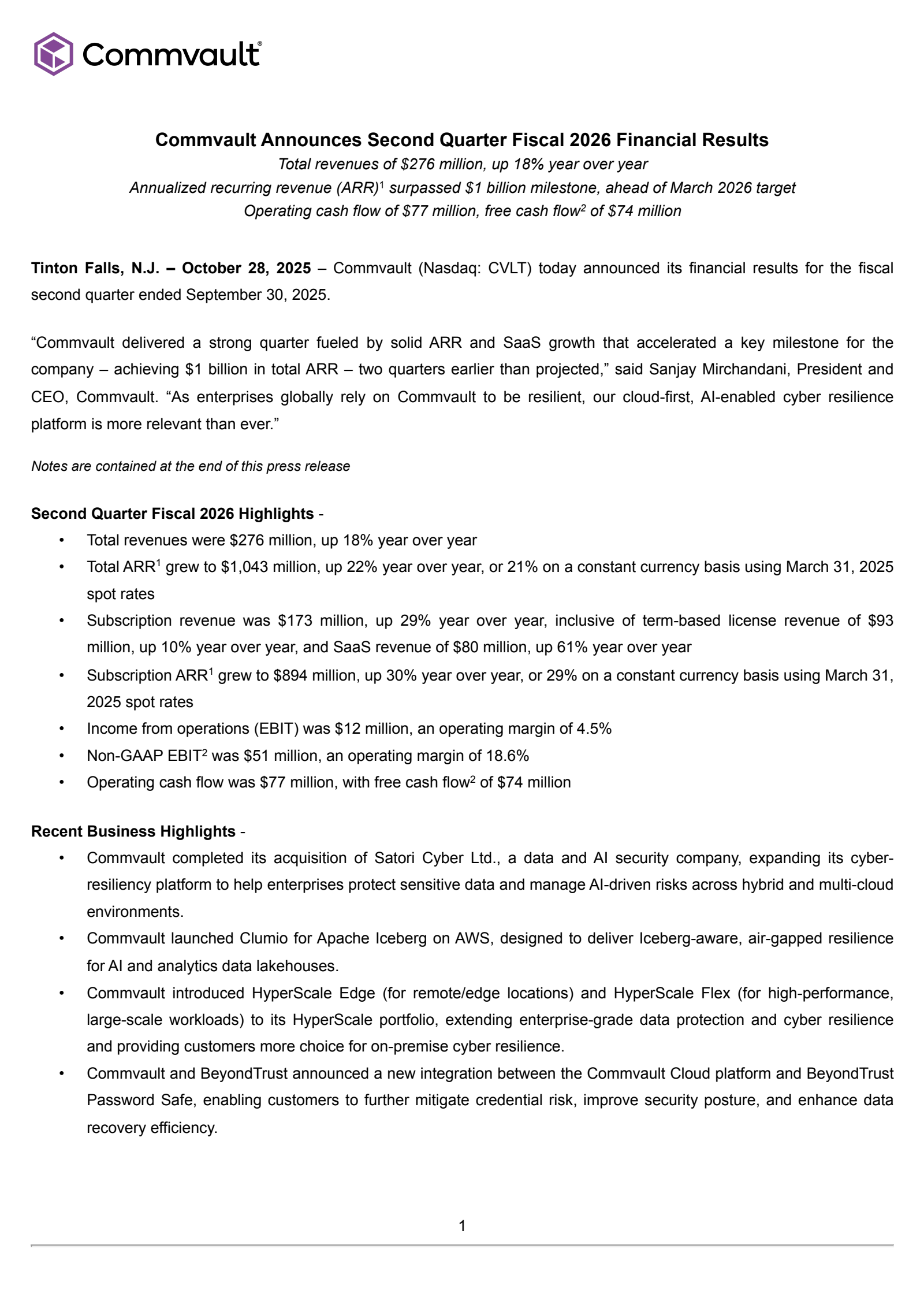 CommVault Systems' Q2 2026 Earnings Release