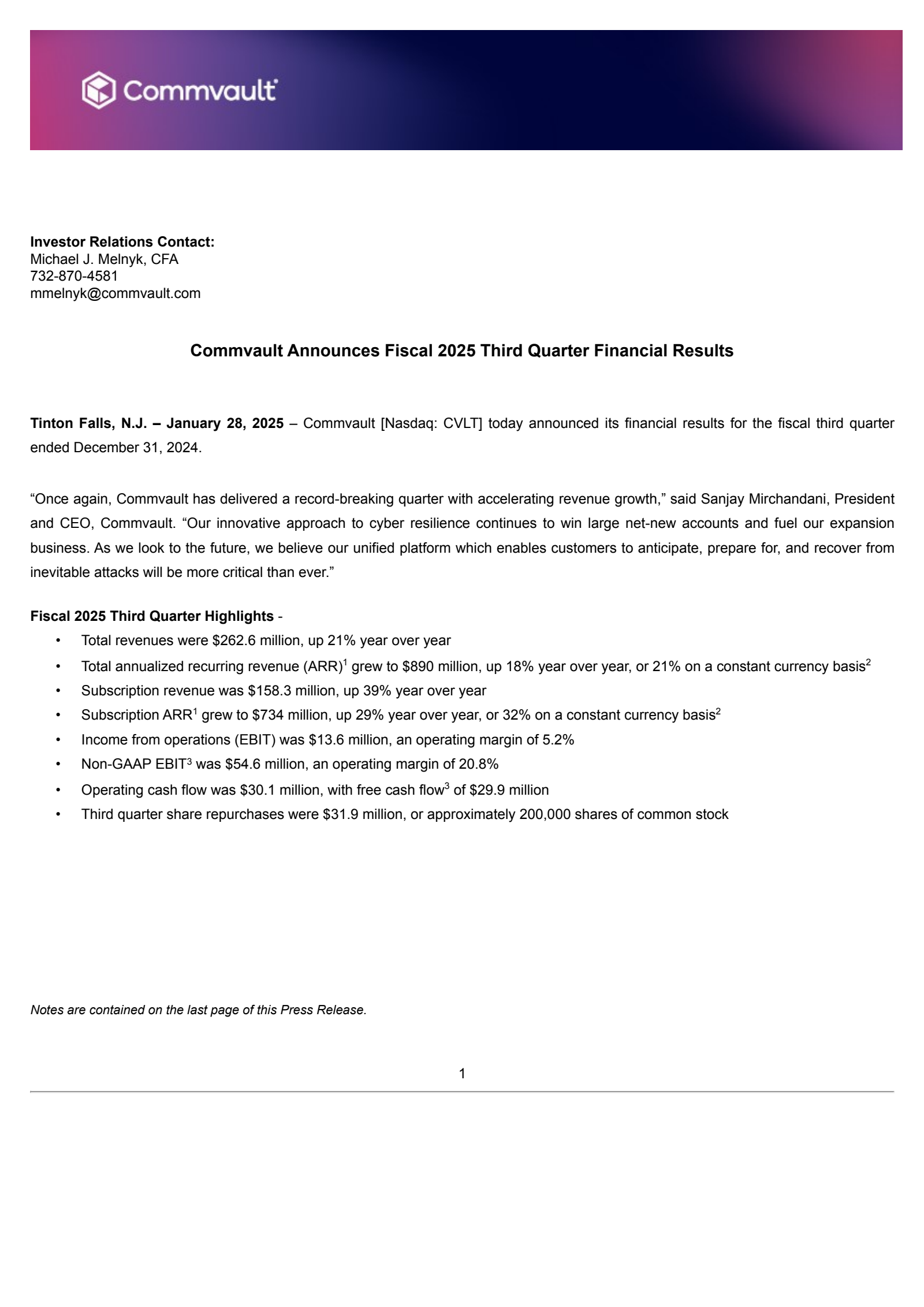 CommVault Systems' Q3 2025 Press Release