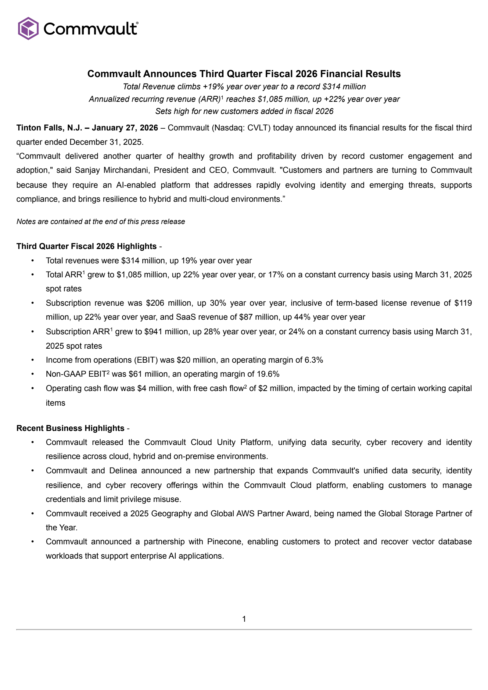 CommVault Systems' Q3 2026 Press Release