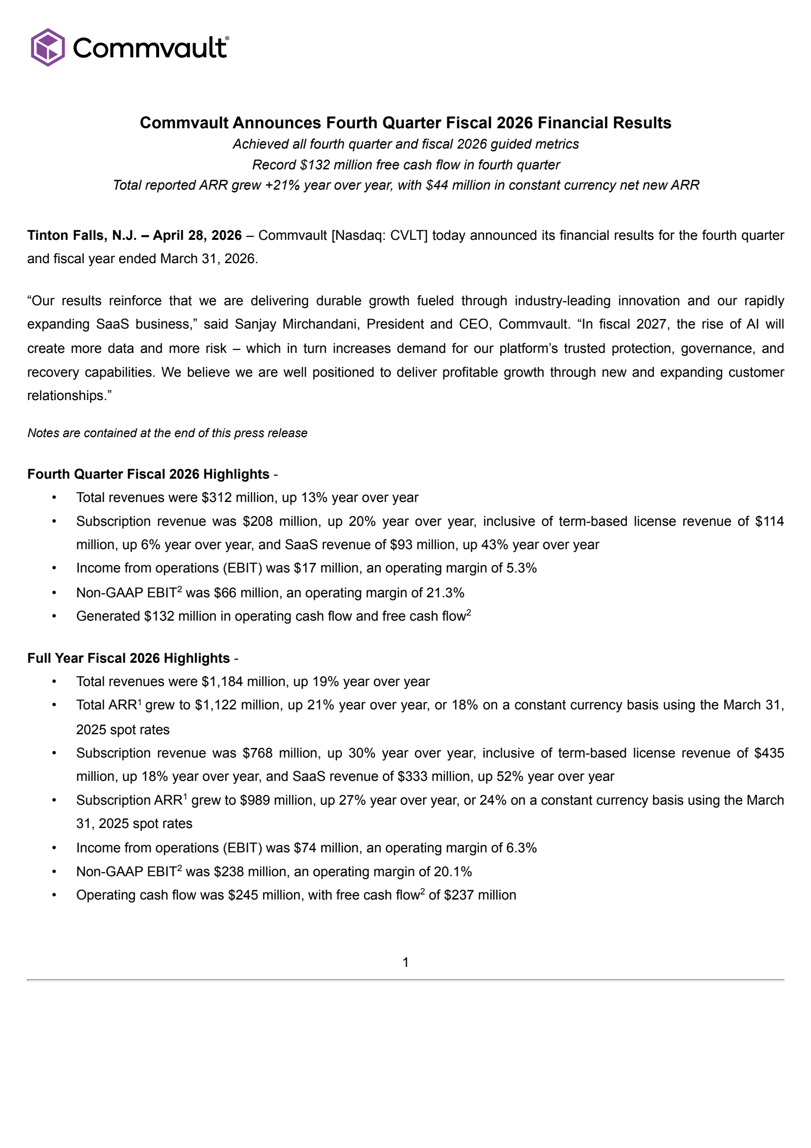 CommVault Systems' Q4 2026 Press Release