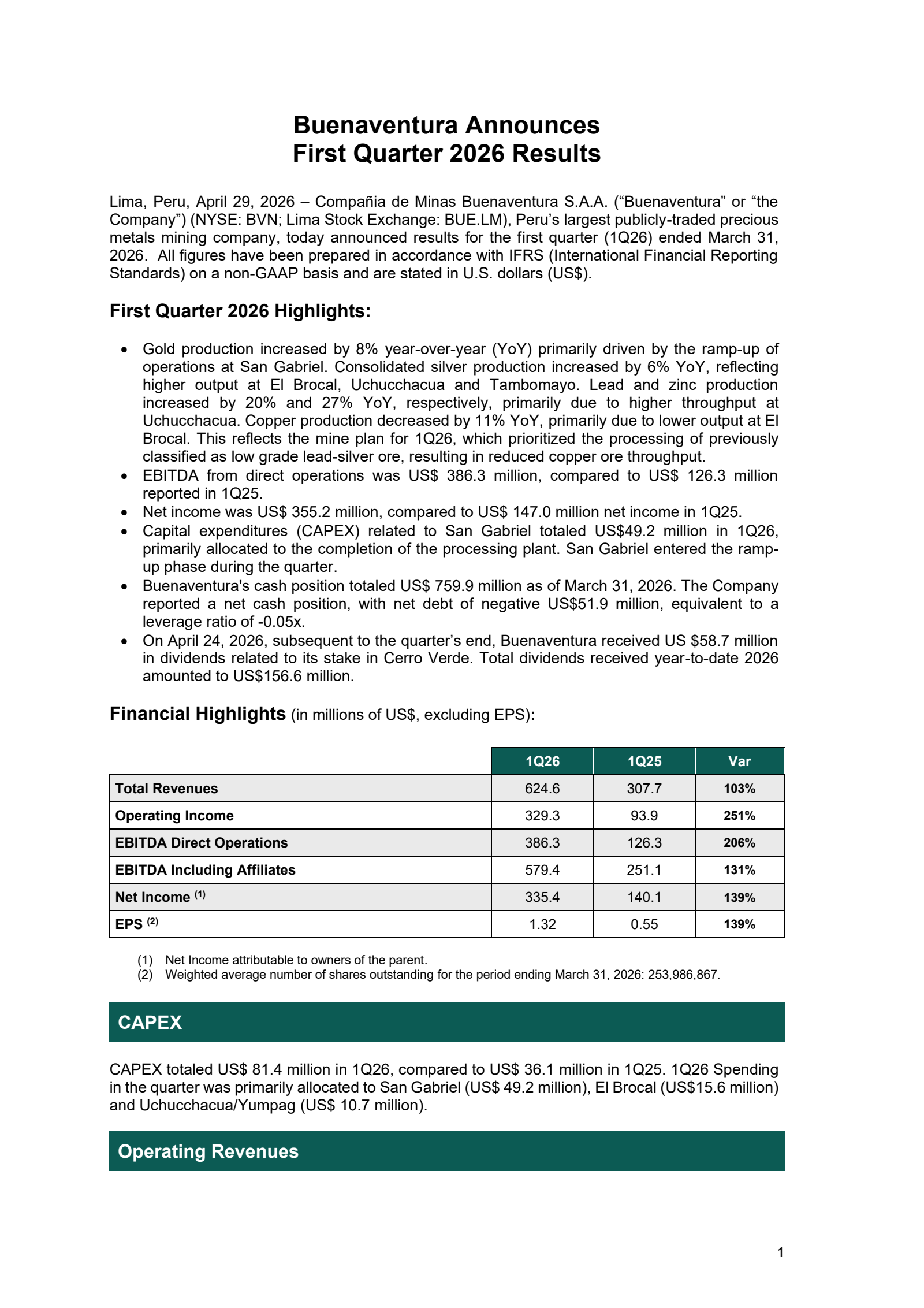 Buenaventura Mining's Q1 2026 Press Release