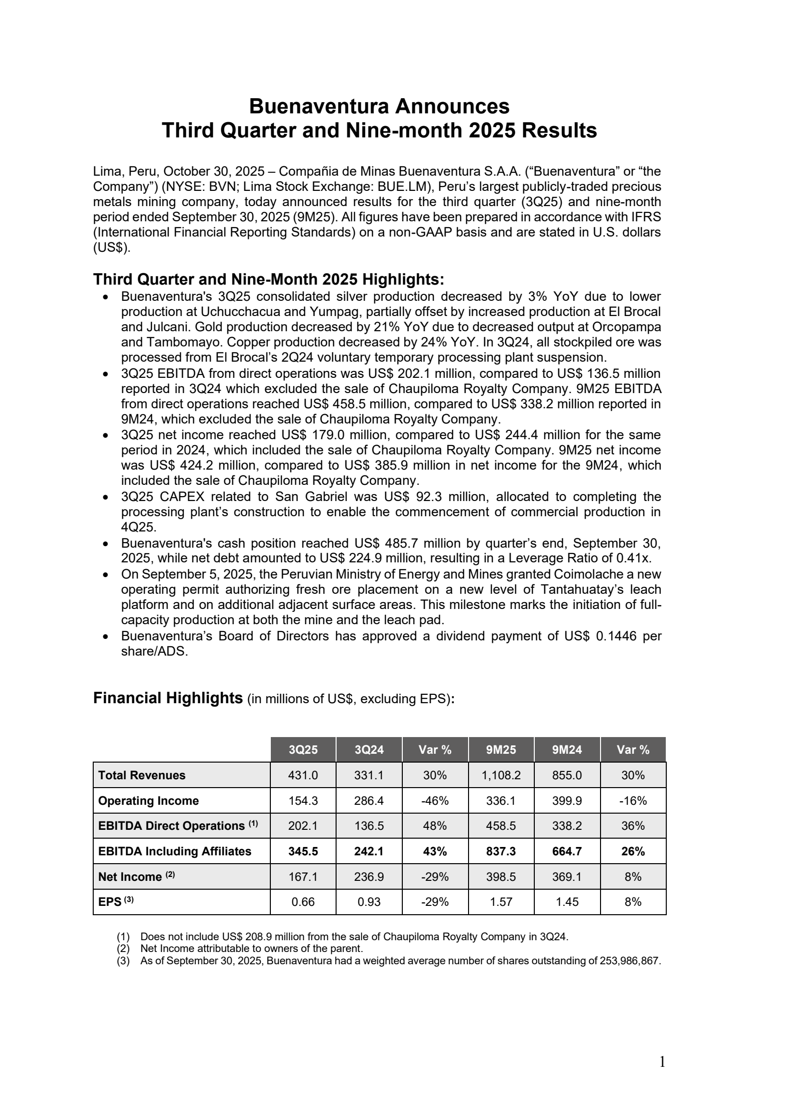 Buenaventura Mining's Q3 2025 Earnings Release