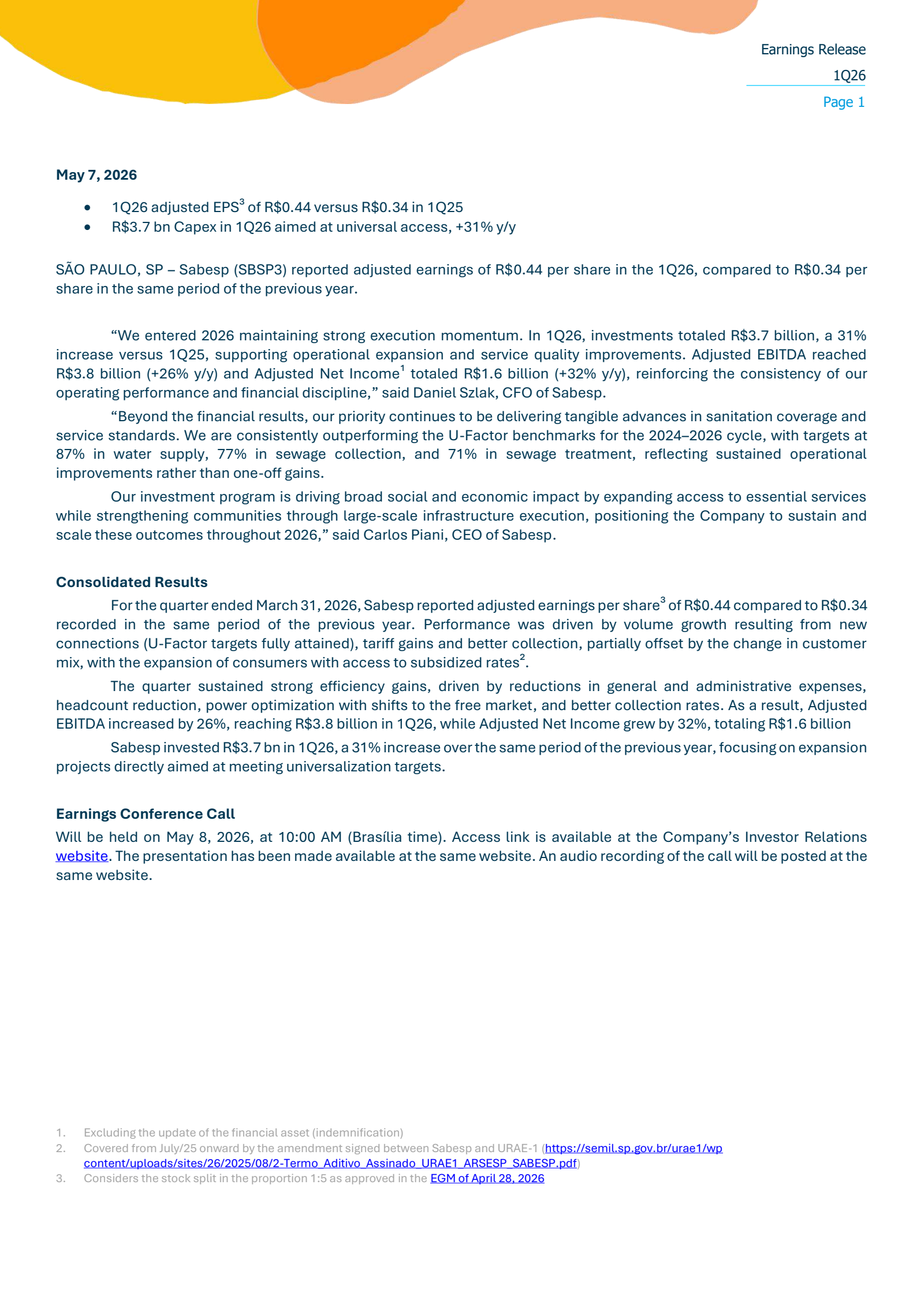 Companhia de saneamento Basico Do Estado De Sao Paulo - Sabesp's Q1 2026 Press Release