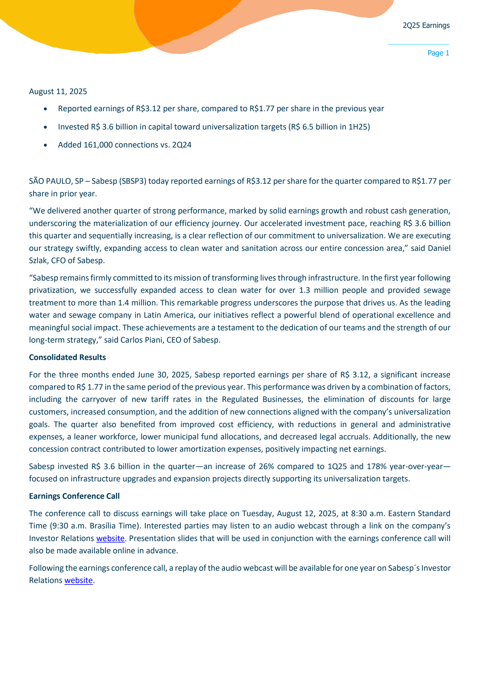 Companhia de saneamento Basico Do Estado De Sao Paulo - Sabesp's Q2 2025 Press Release