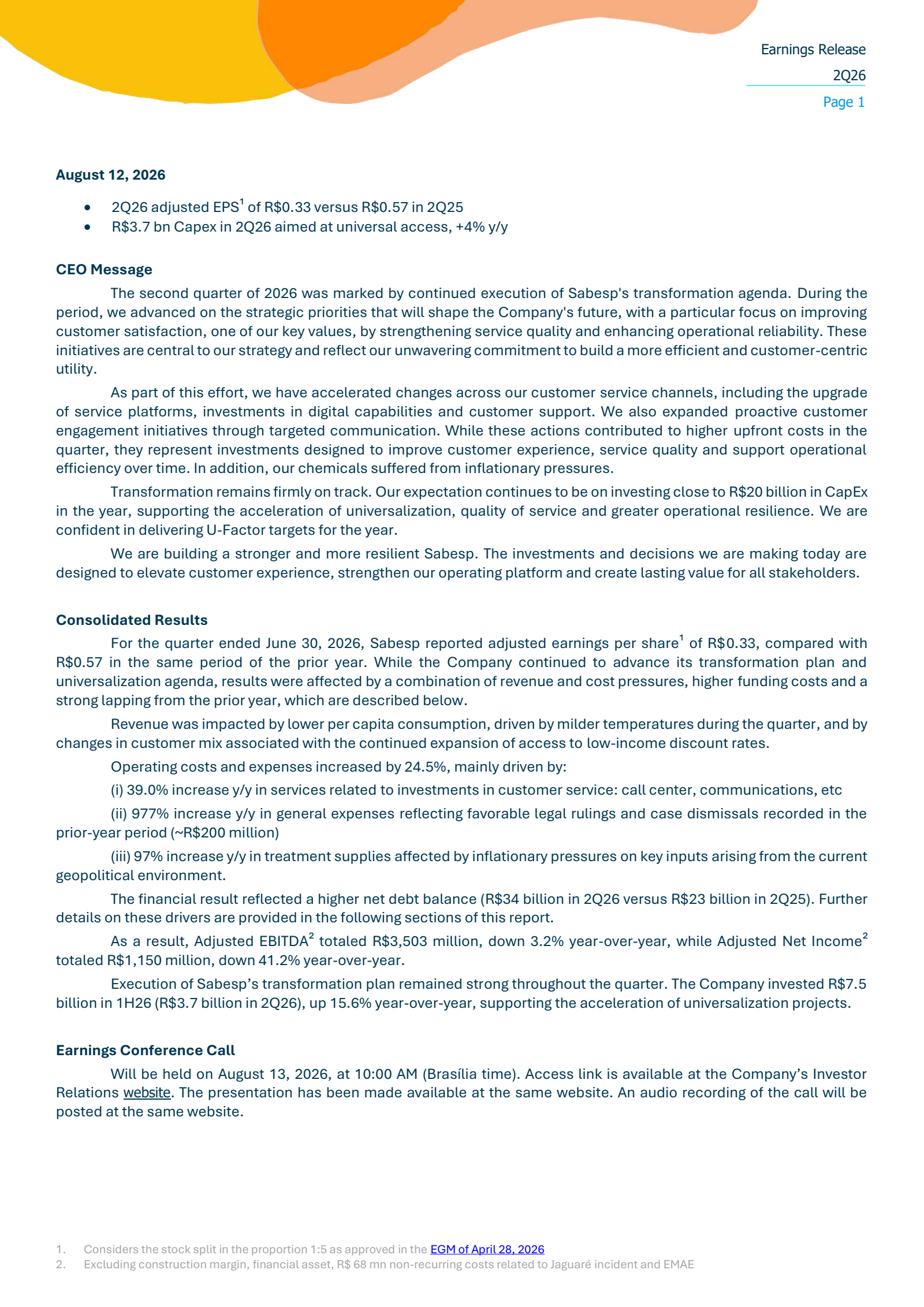 Companhia de saneamento Basico Do Estado De Sao Paulo - Sabesp's Q2 2026 Press Release
