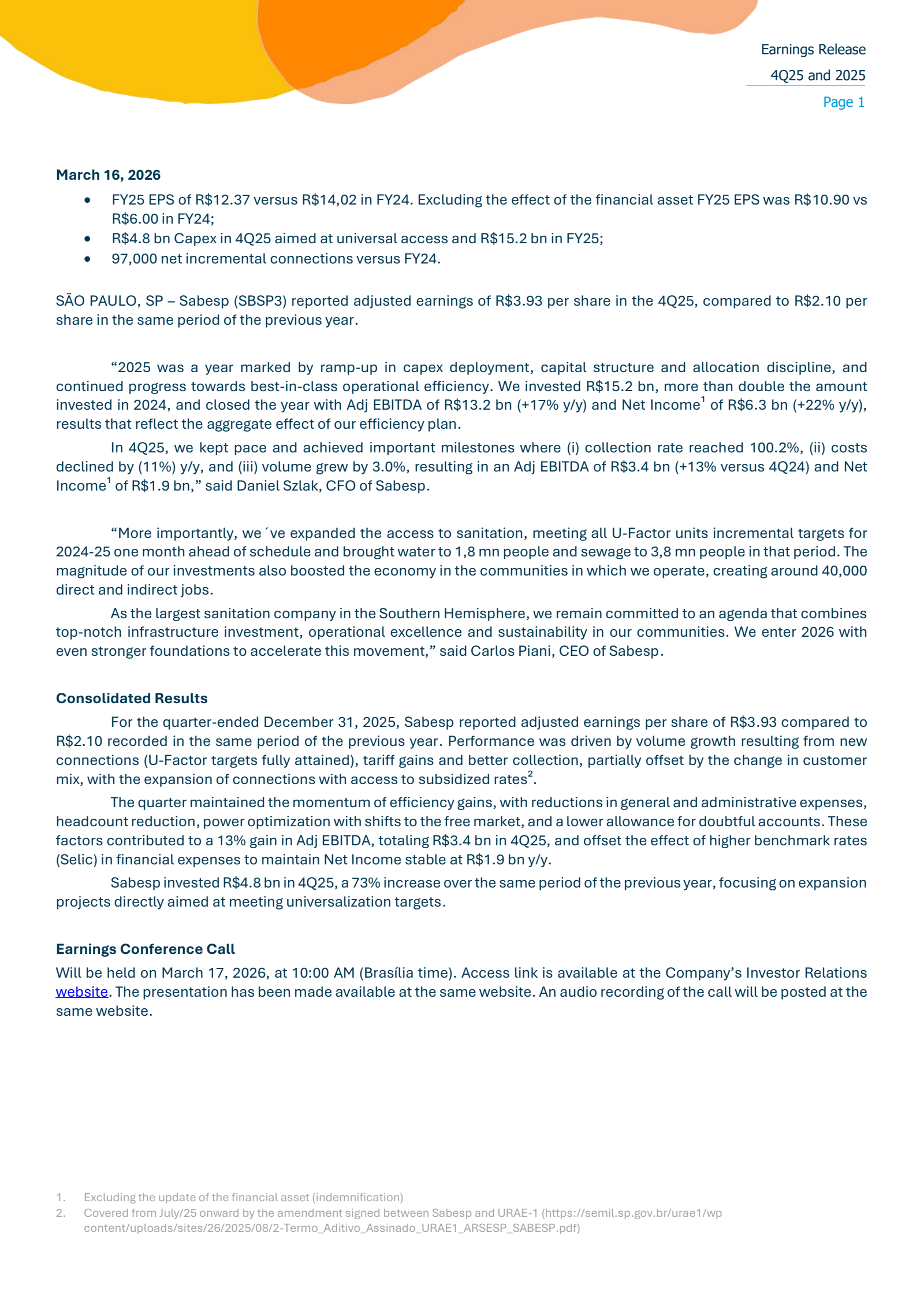 Companhia de saneamento Basico Do Estado De Sao Paulo - Sabesp's Q4 2025 Press Release