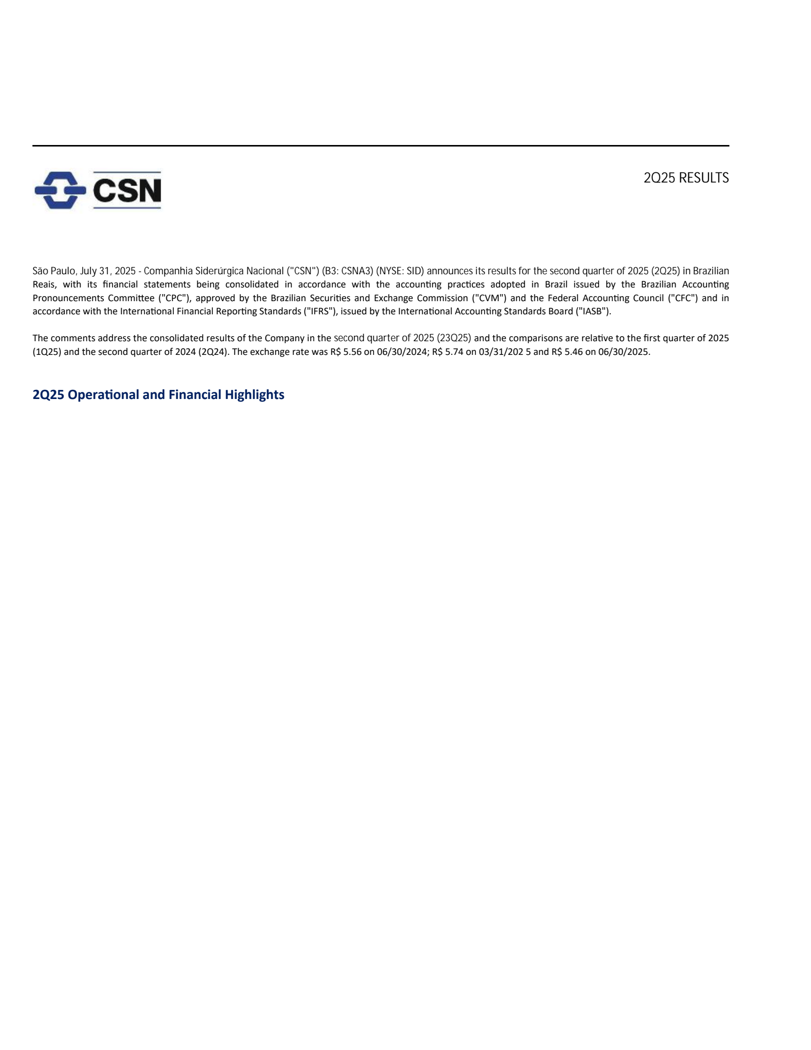 National Steel's Q2 2025 Press Release