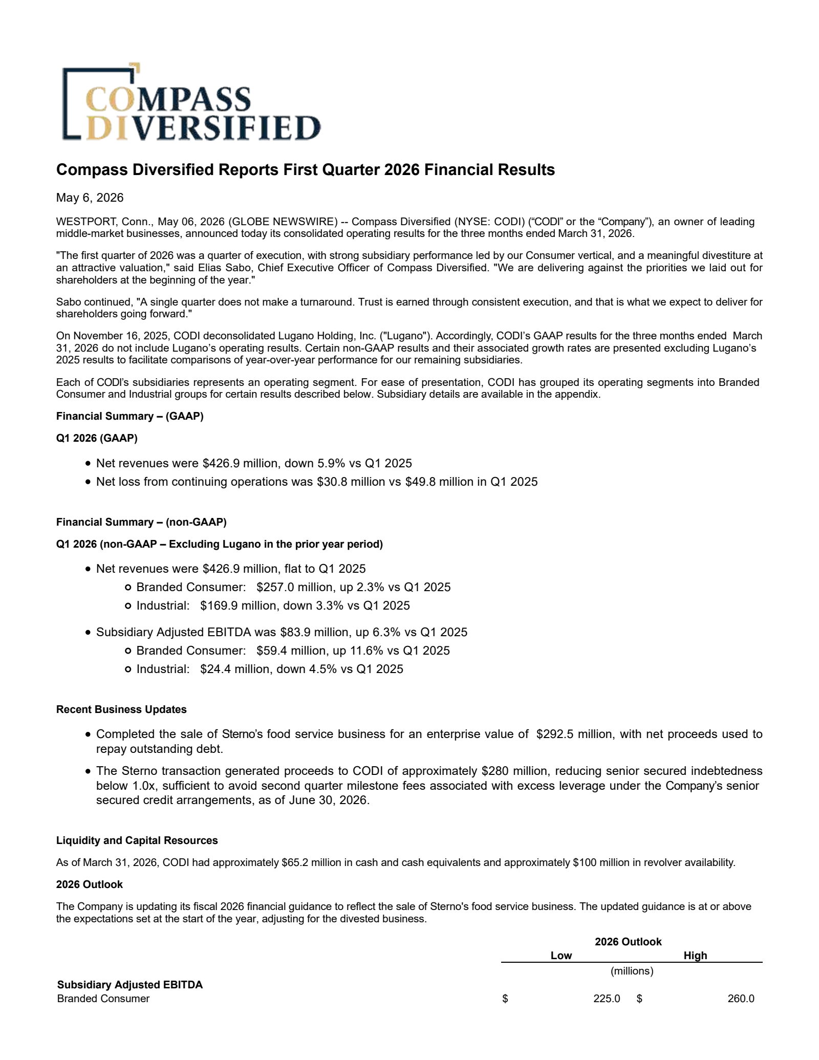 Compass Diversified's Q1 2026 Press Release