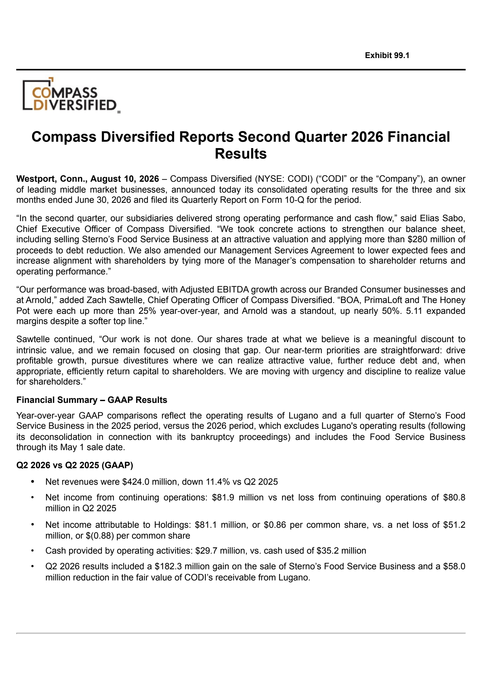 Compass Diversified's Q2 2026 Press Release
