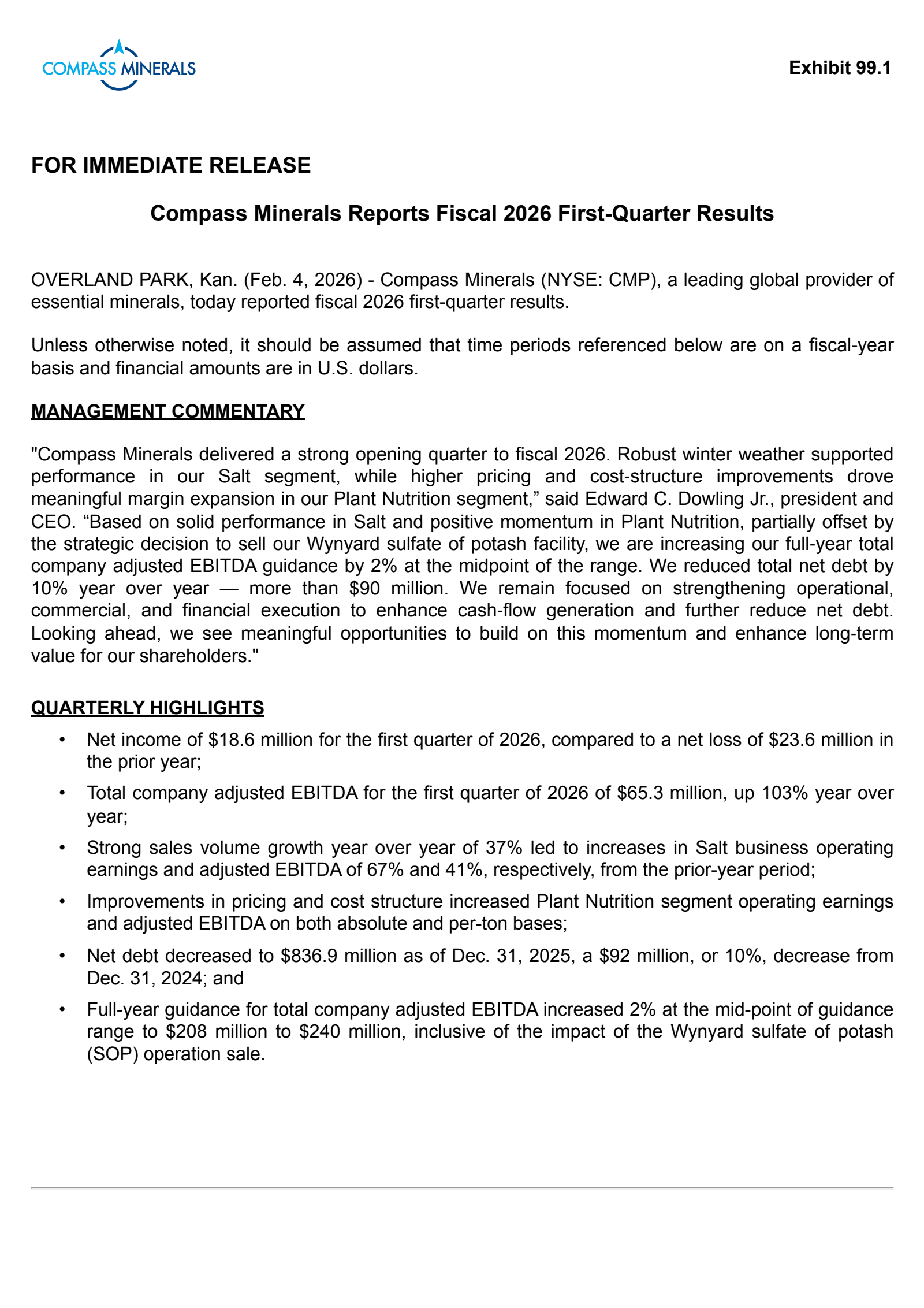 Compass Minerals International's Q1 2026 Press Release