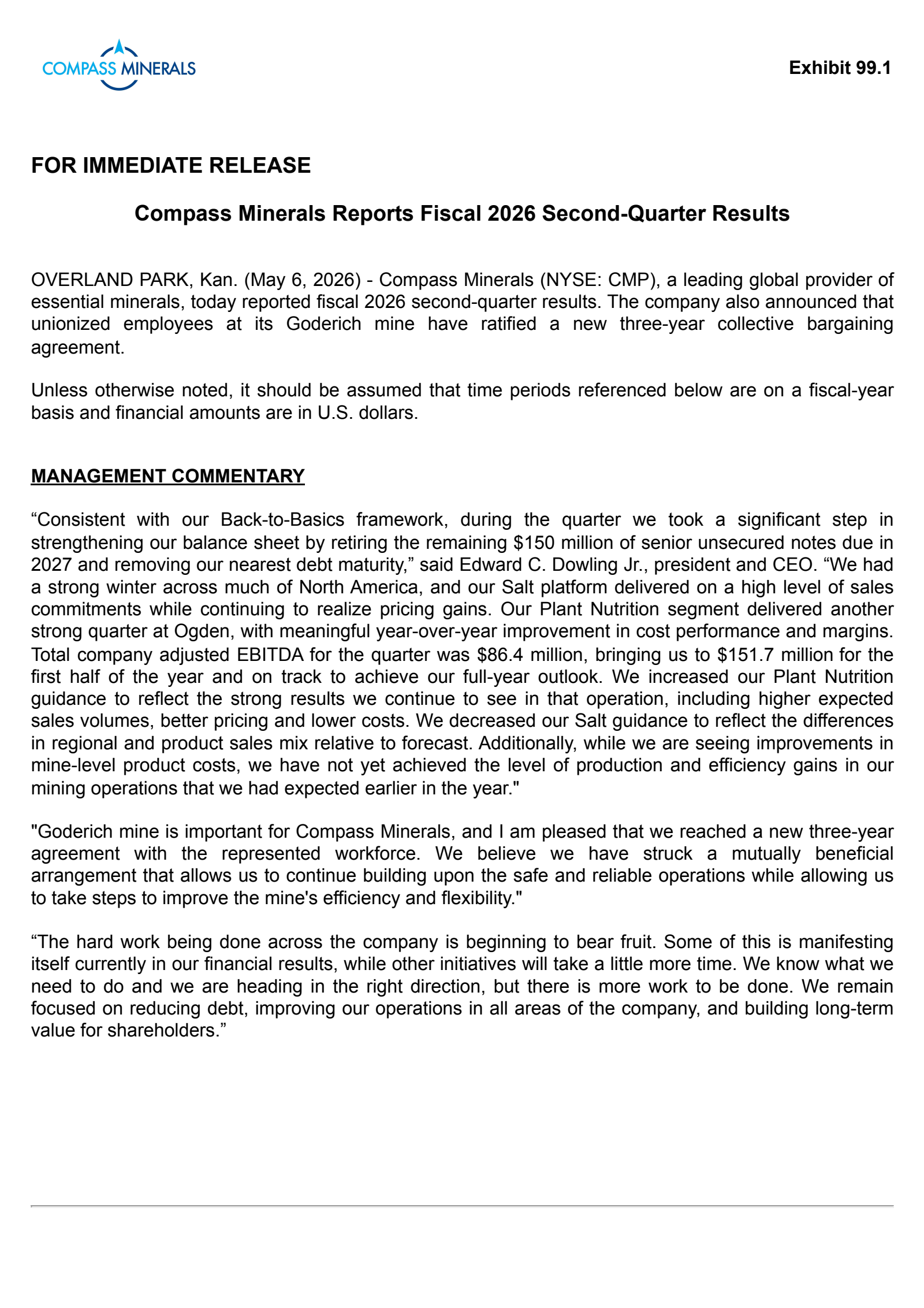 Compass Minerals International's Q2 2026 Press Release