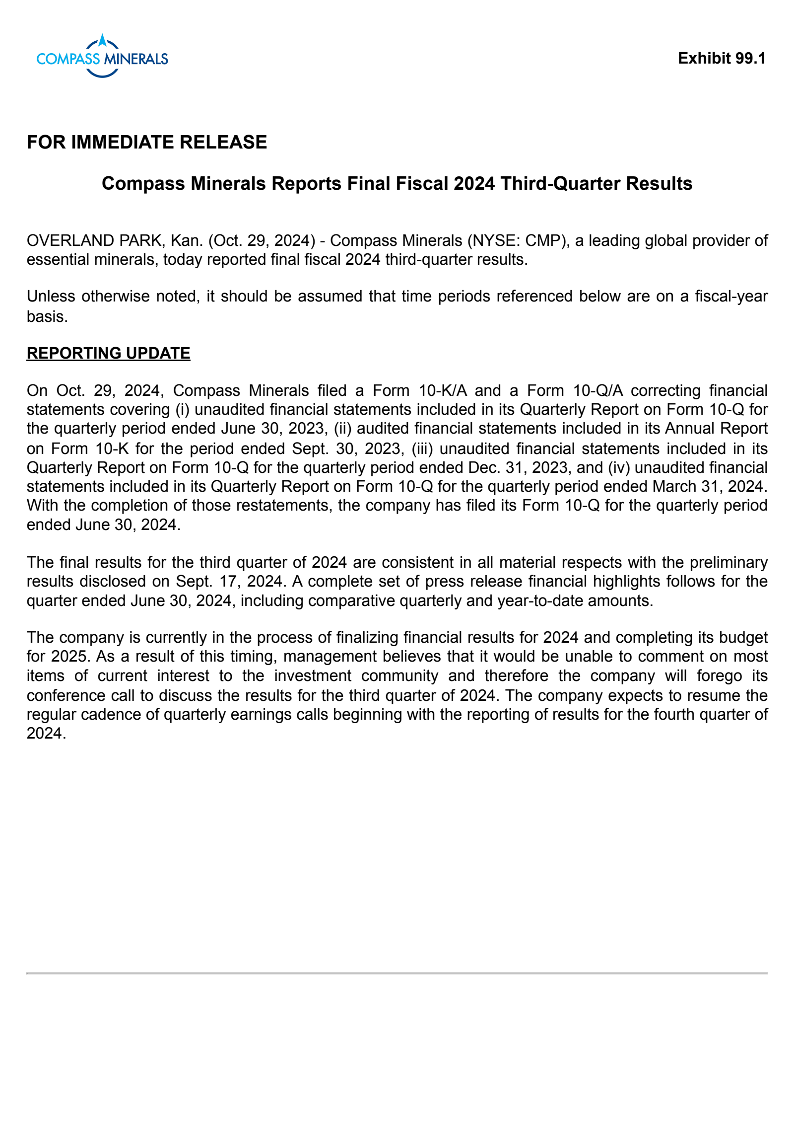 Compass Minerals International's Q3 2024 Press Release