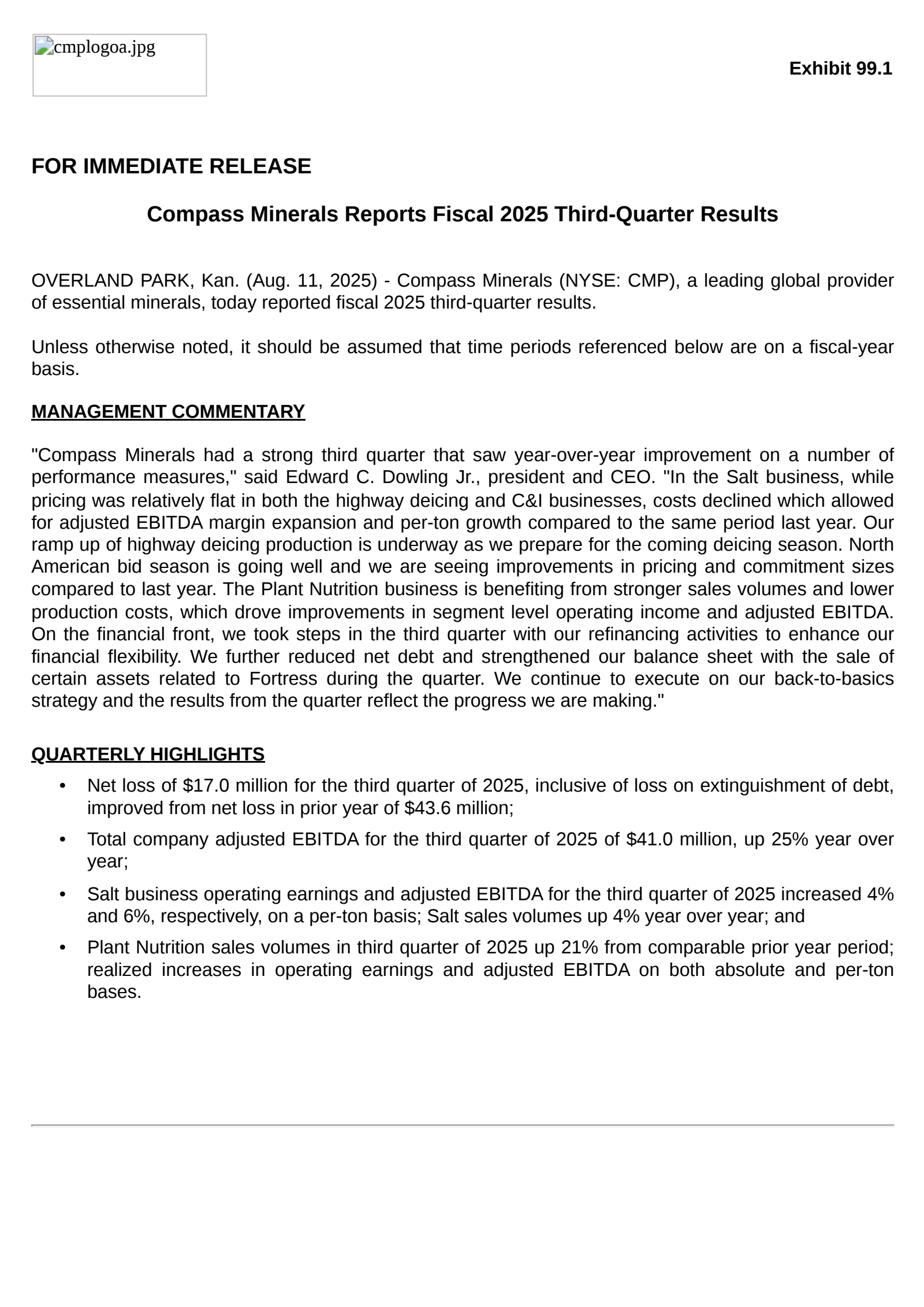 Compass Minerals International's Q3 2025 Press Release