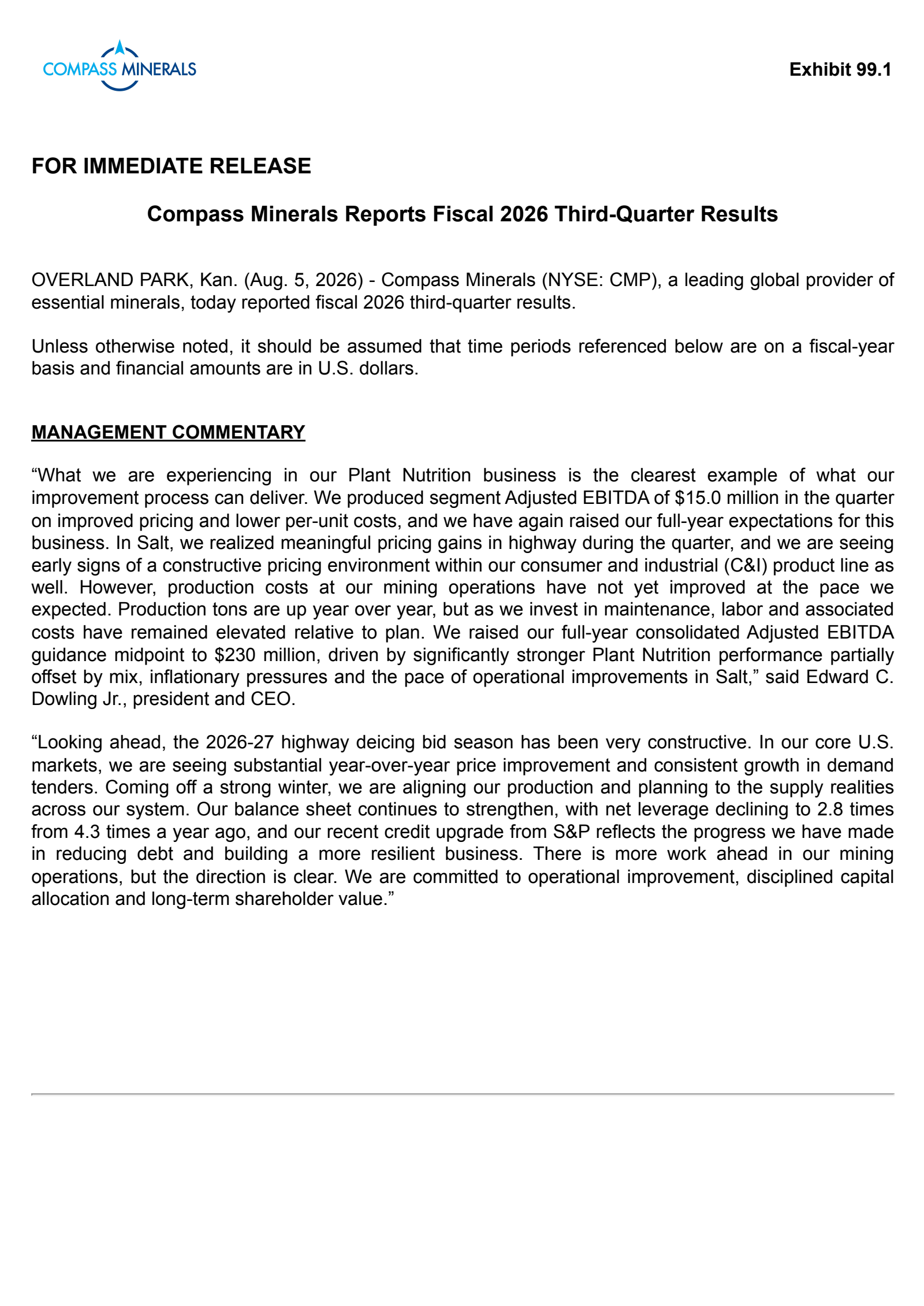Compass Minerals International's Q3 2026 Press Release