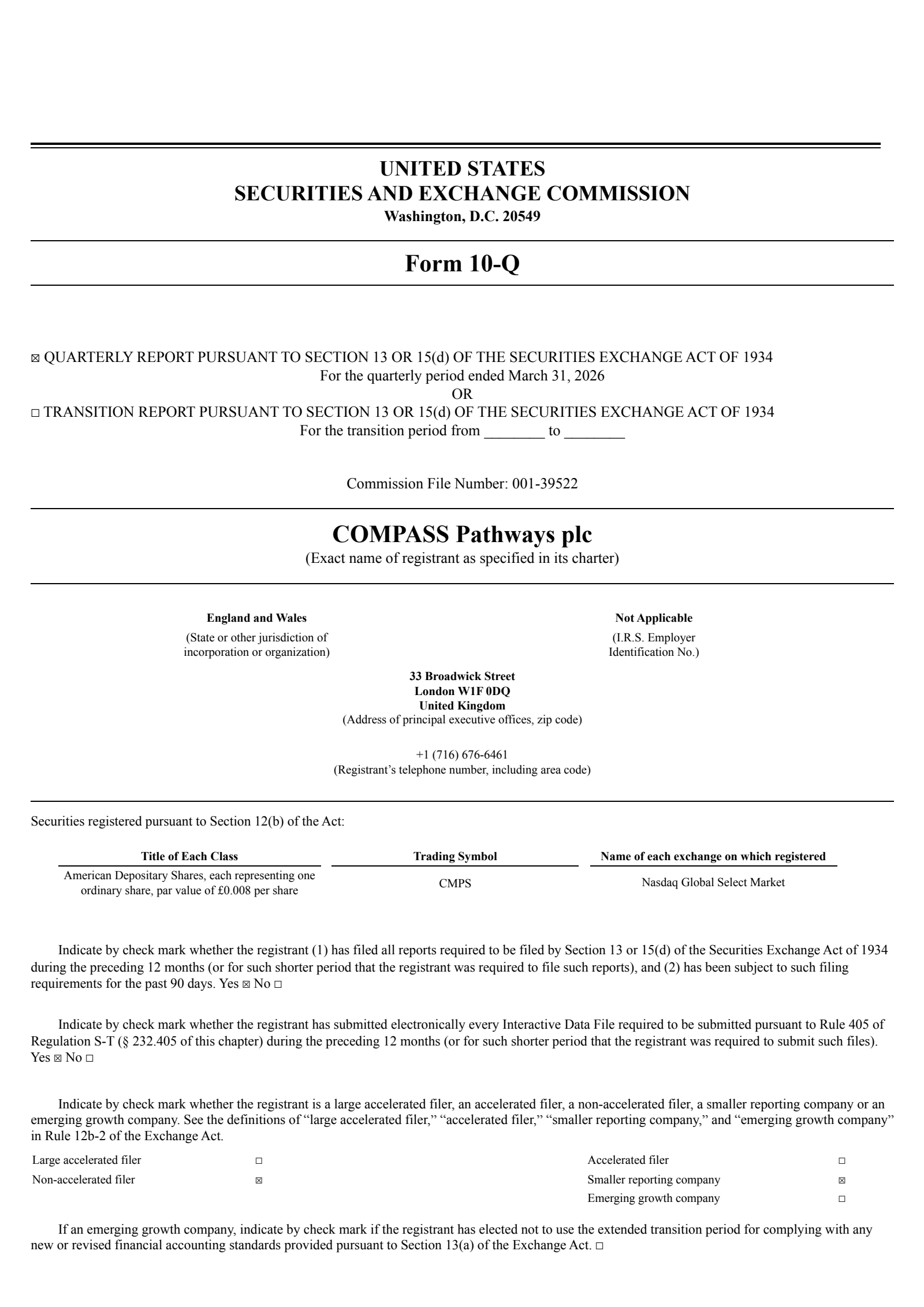 Compass Pathways' Q1 2026 Quarterly report