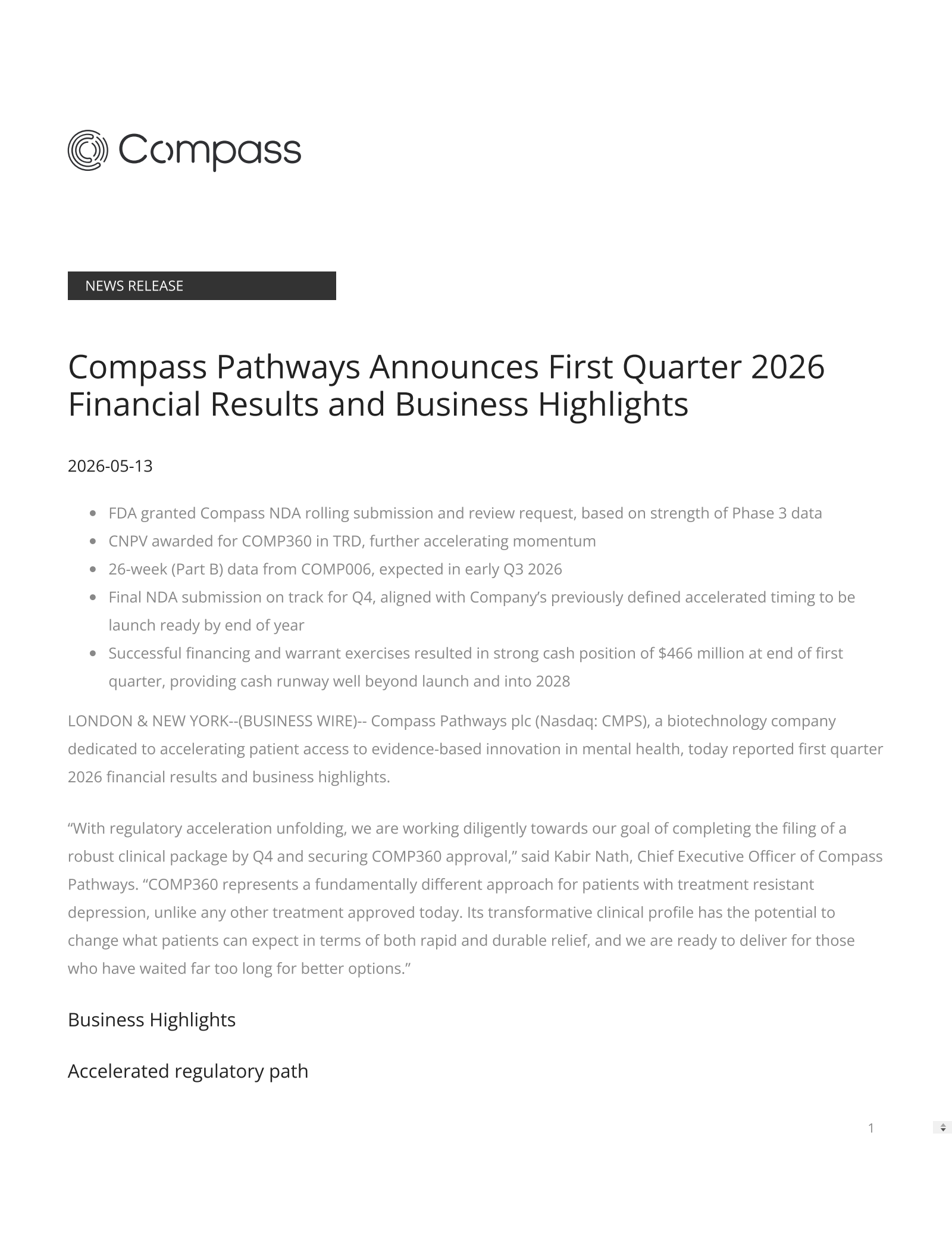 Compass Pathways' Q1 2026 Press Release