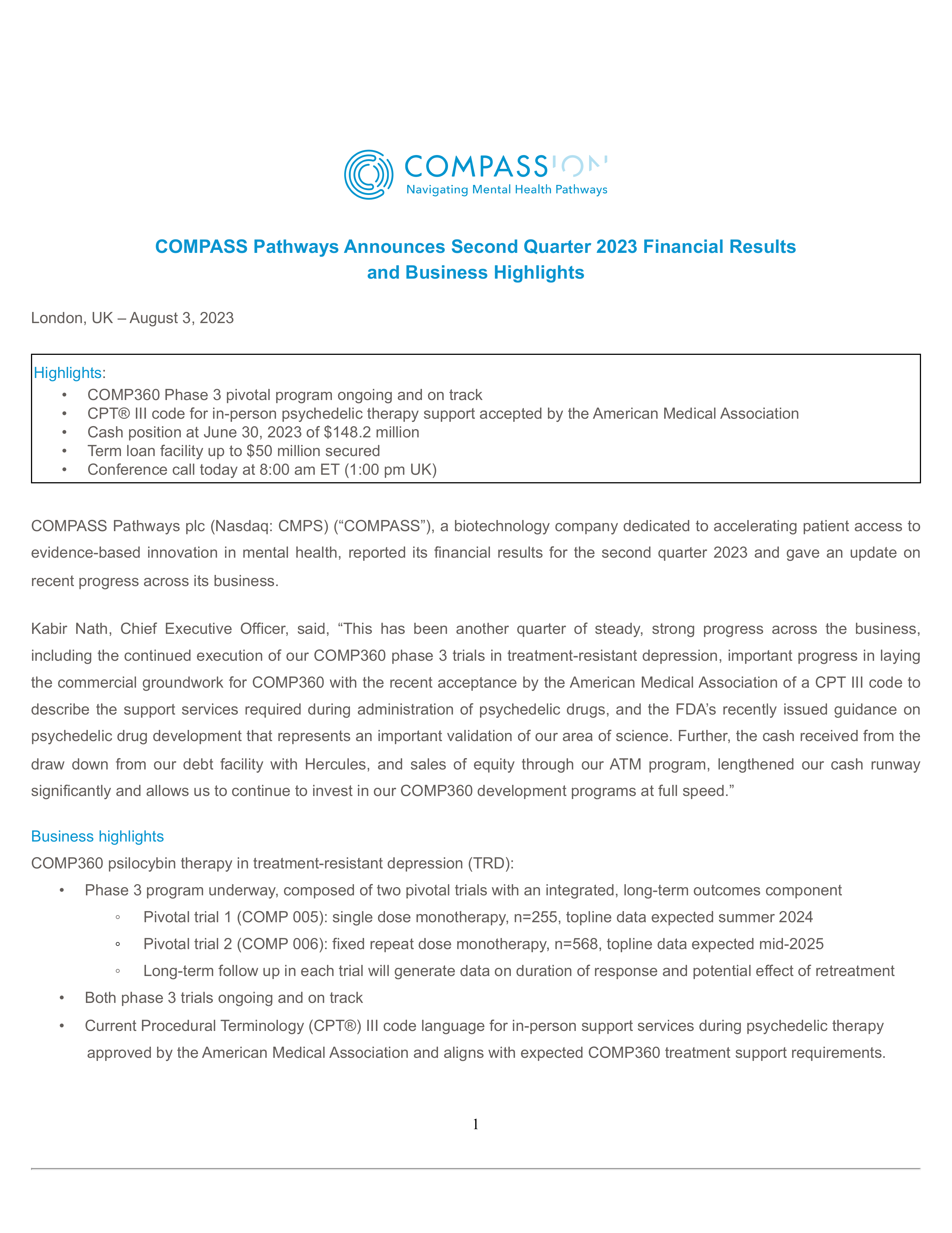 COMPASS Pathways' Q2 2023 Press Release