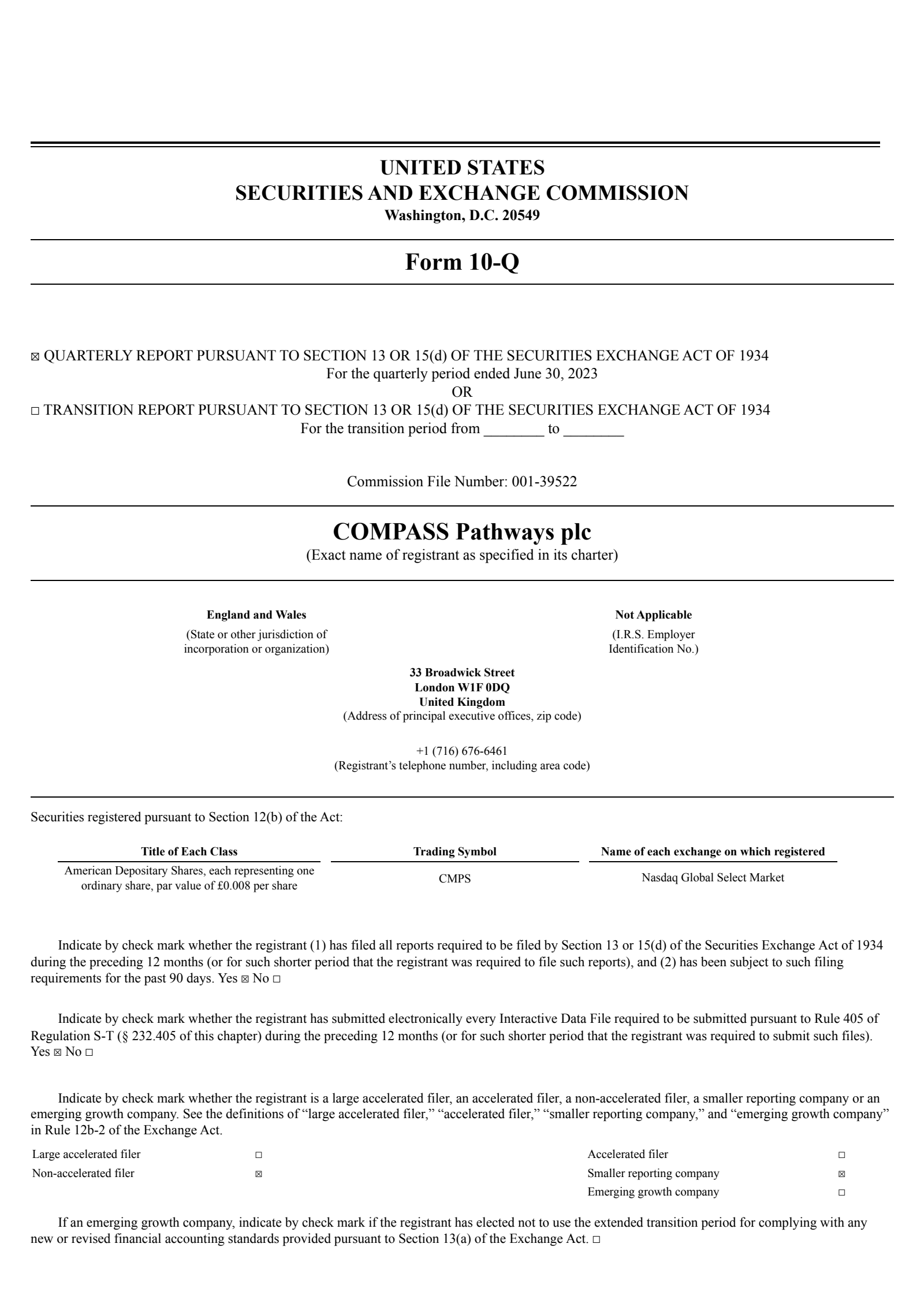 COMPASS Pathways' Q2 2023 Quarterly report