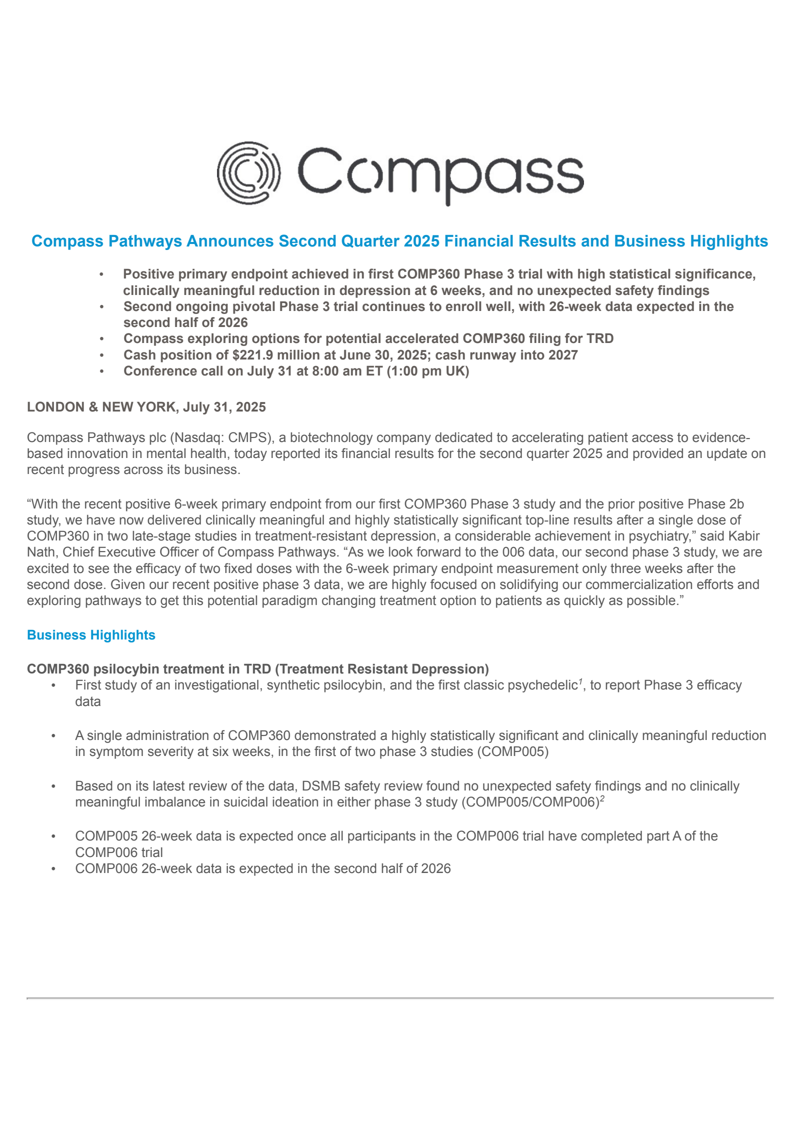 COMPASS Pathways' Q2 2025 Press Release