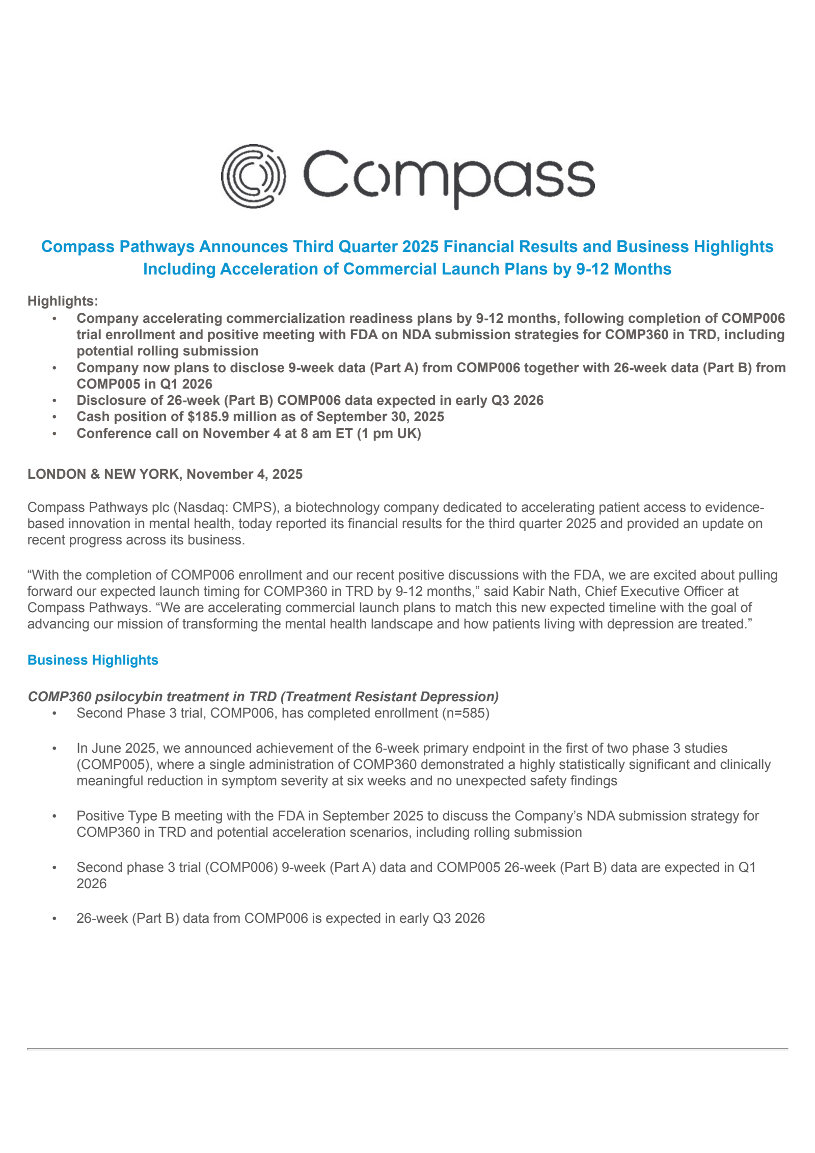 Compass Pathways' Q3 2025 Earnings Release