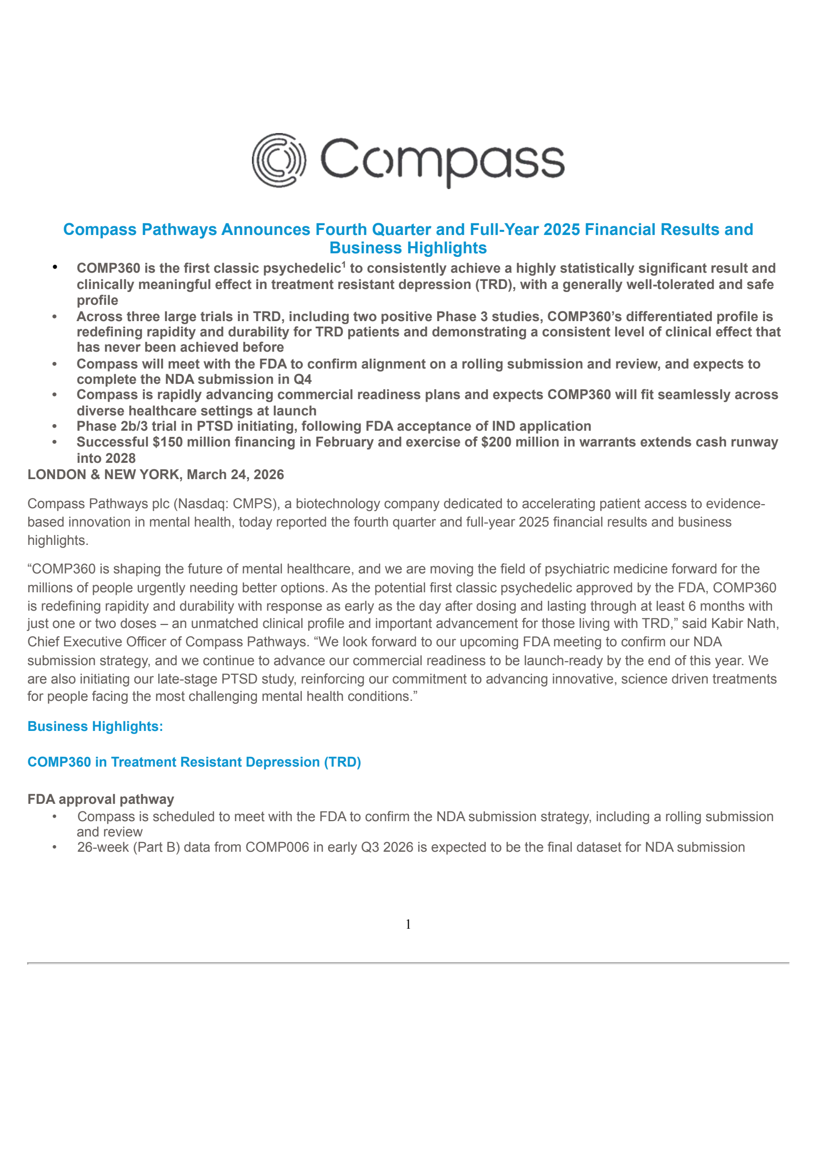Compass Pathways' Q4 2025 Press Release