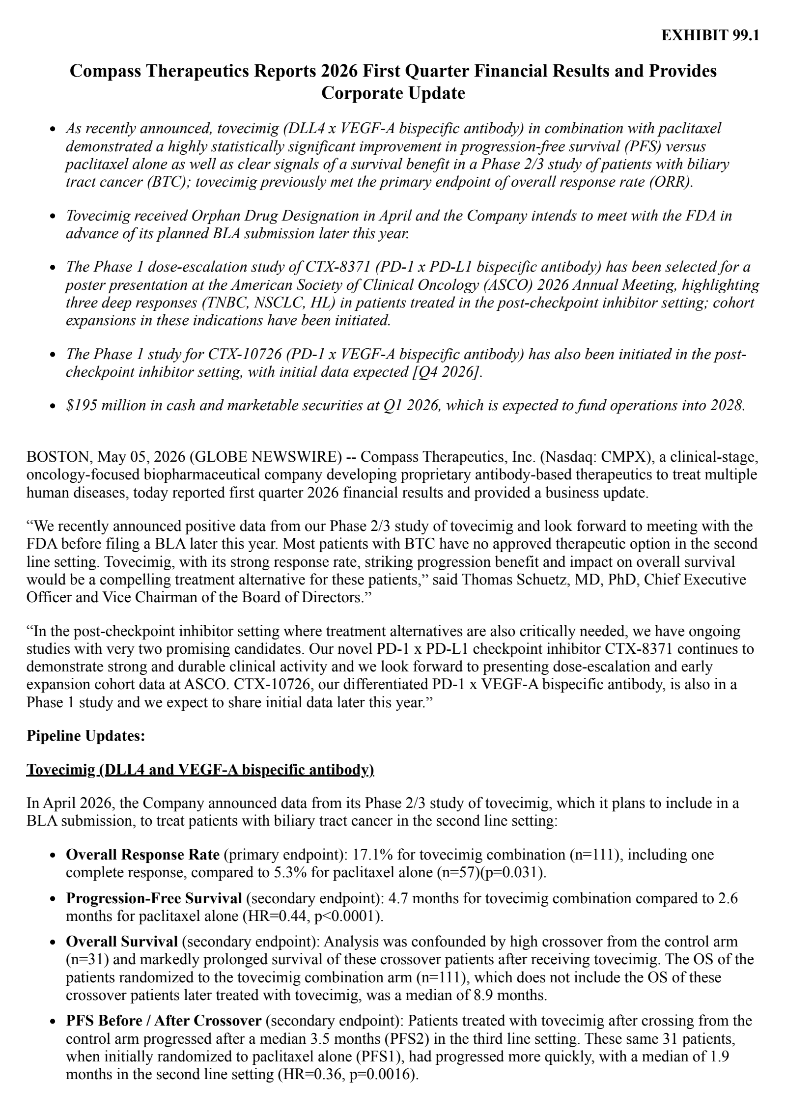 Compass Therapeutics' Q1 2026 Press Release