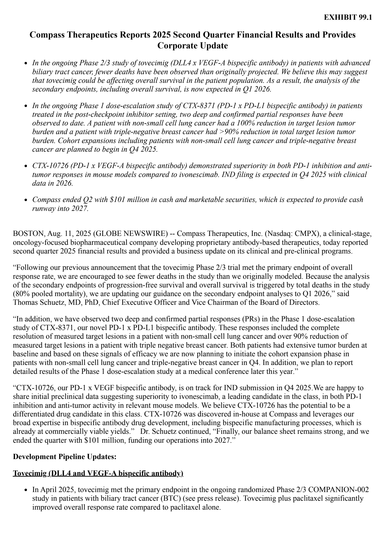 Compass Therapeutics' Q2 2025 Press Release