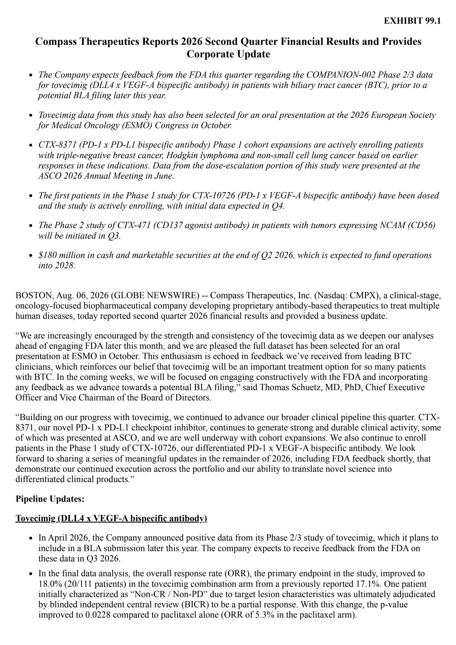 Compass Therapeutics' Q2 2026 Press Release