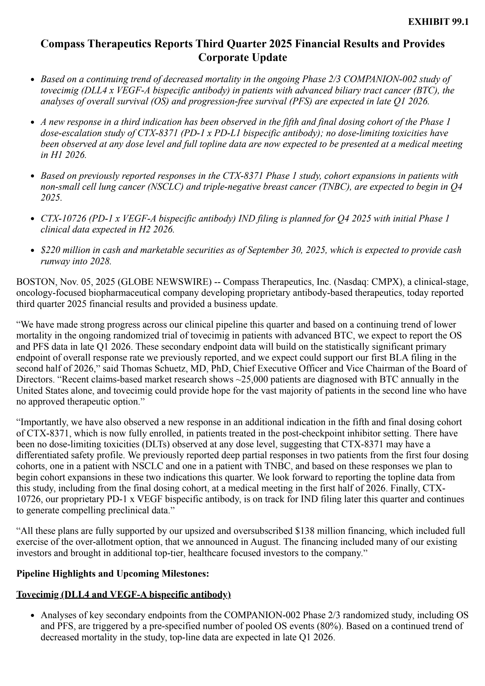 Compass Therapeutics' Q3 2025 Earnings Release