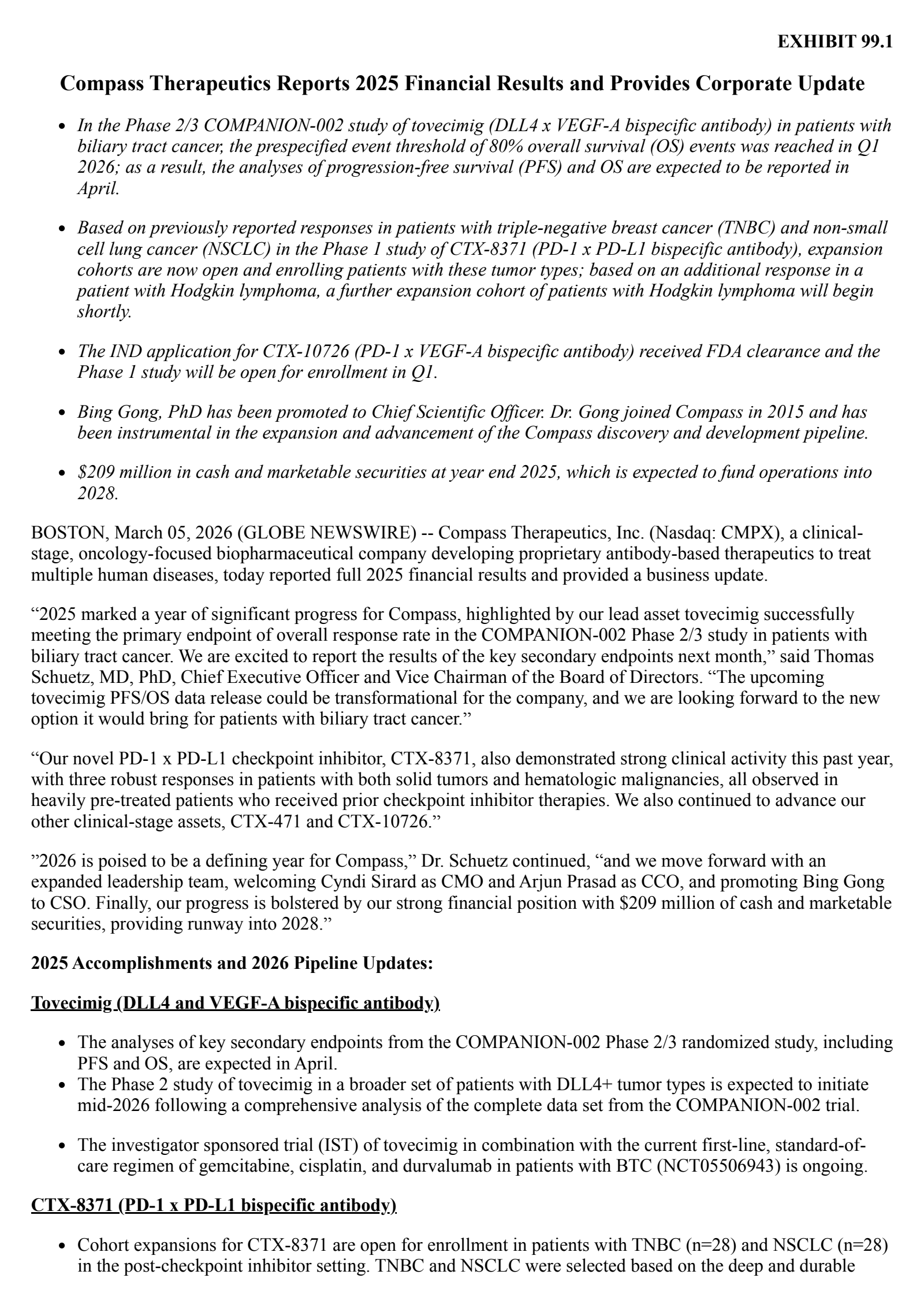 Compass Therapeutics' Q4 2025 Press Release