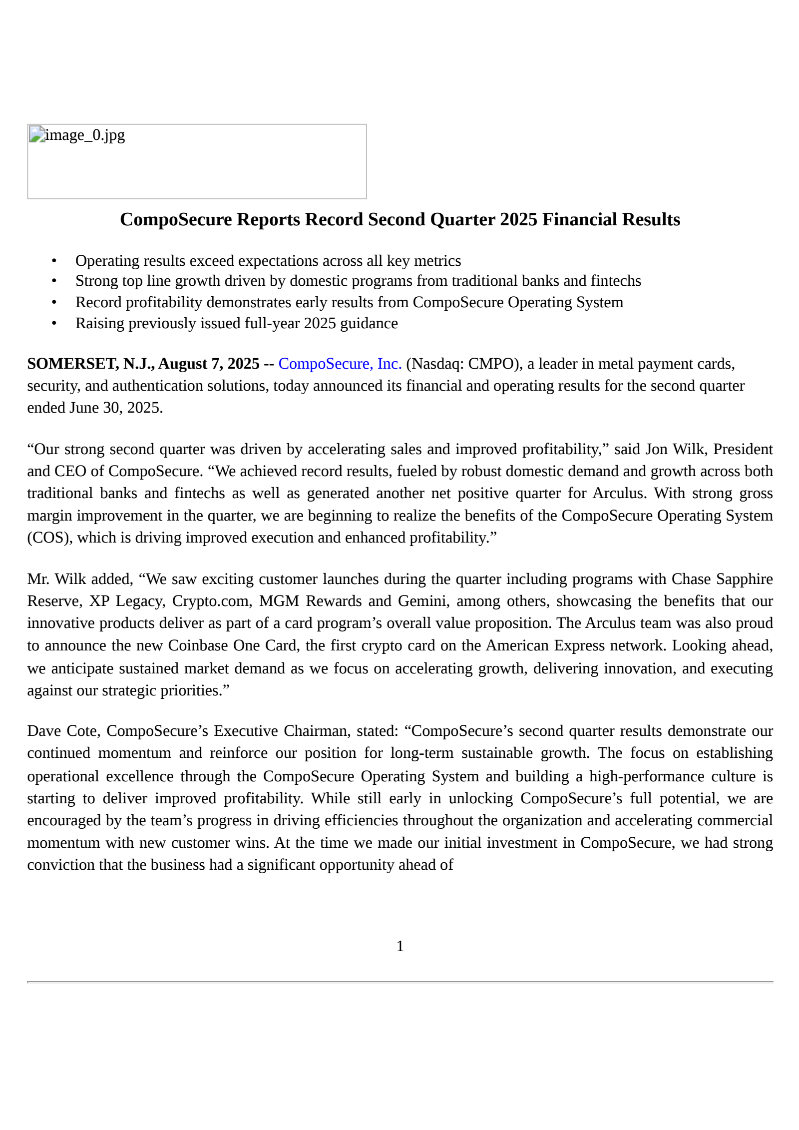 CompoSecure's Q2 2025 Press Release