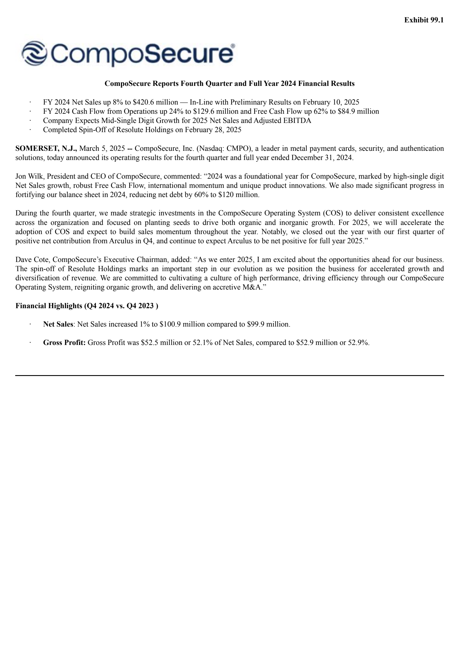 CompoSecure's Q4 2024 Press Release