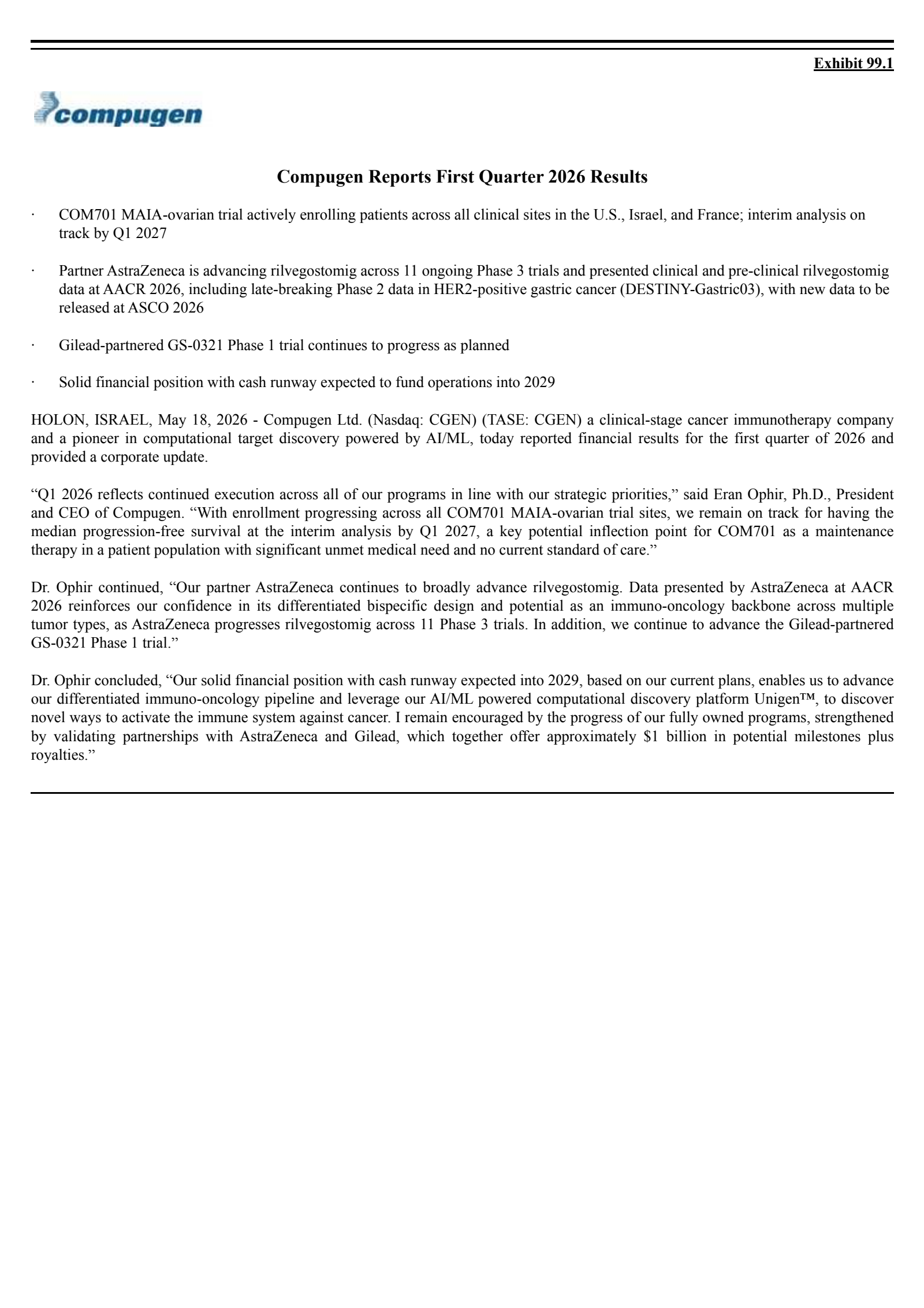 Compugen's Q1 2026 Press Release