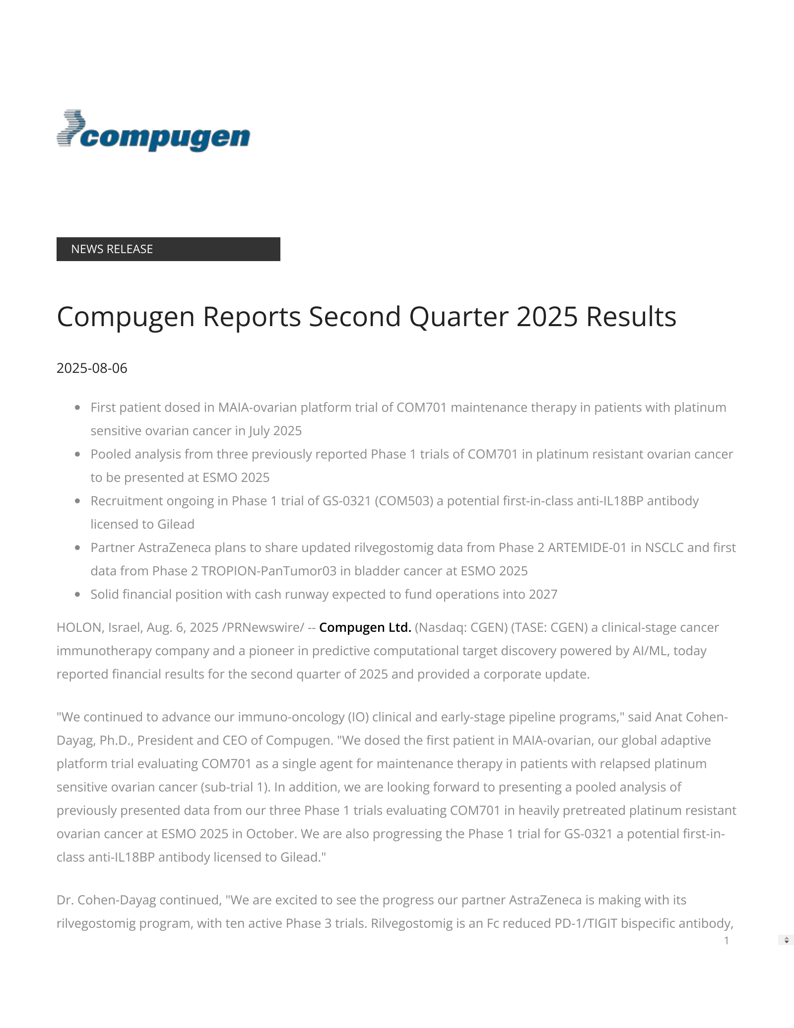 Compugen's Q2 2025 Press Release