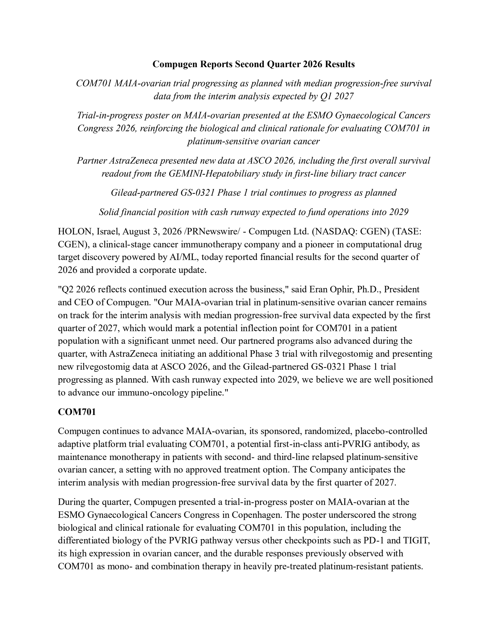 Compugen's Q2 2026 Press Release