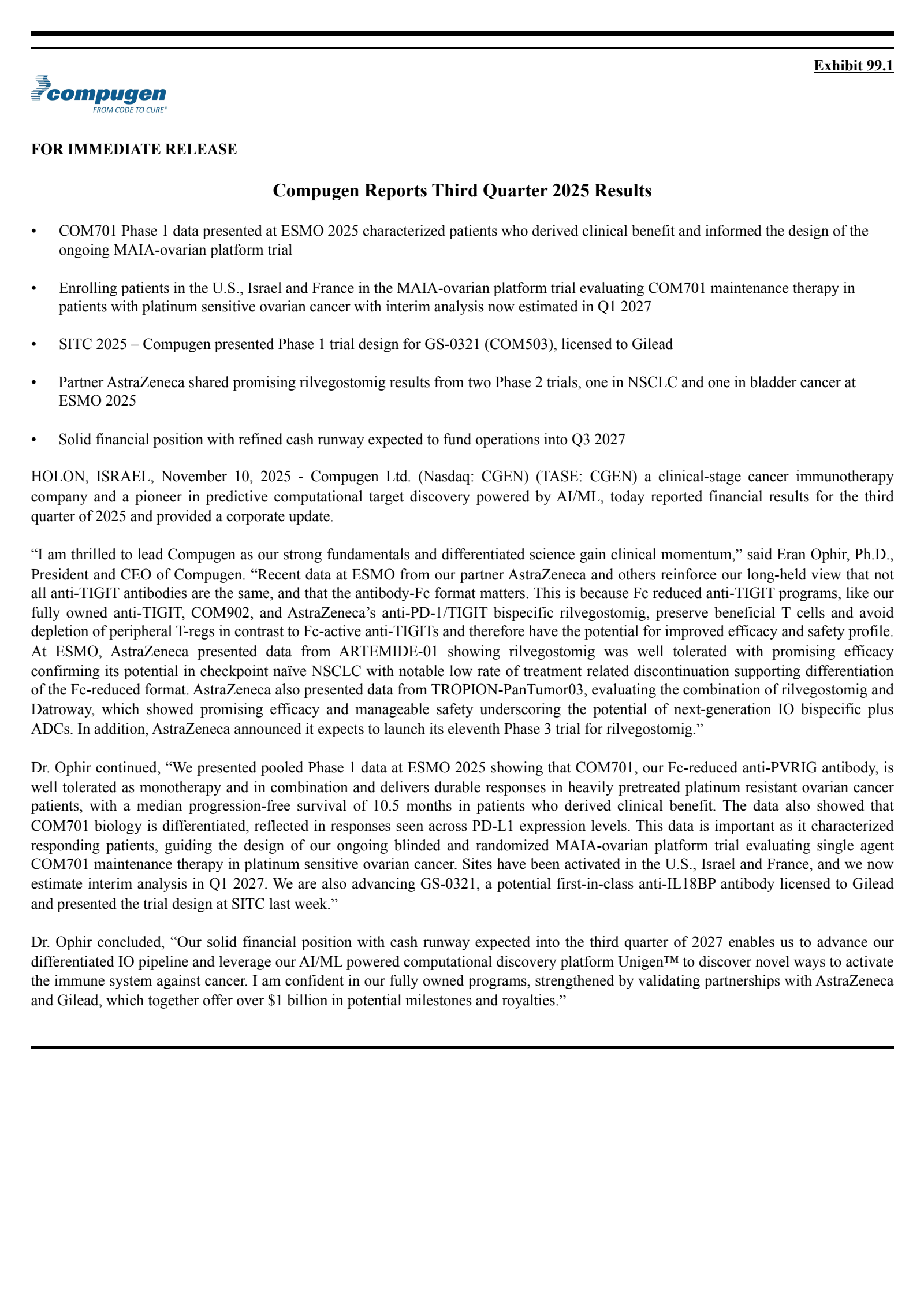 Compugen's Q3 2025 Earnings Release
